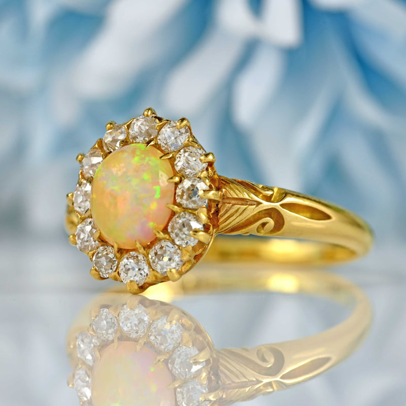 Ellibelle Jewellery Antique Victorian Opal & Old Cut Diamond 18ct Gold Cluster Ring