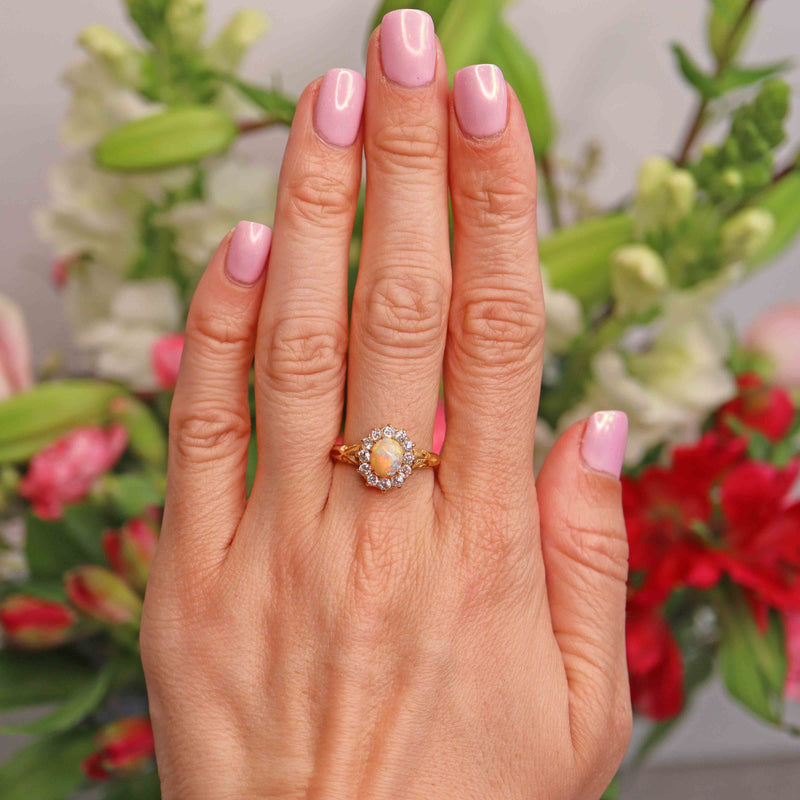 Ellibelle Jewellery Antique Victorian Opal & Old Cut Diamond 18ct Gold Cluster Ring