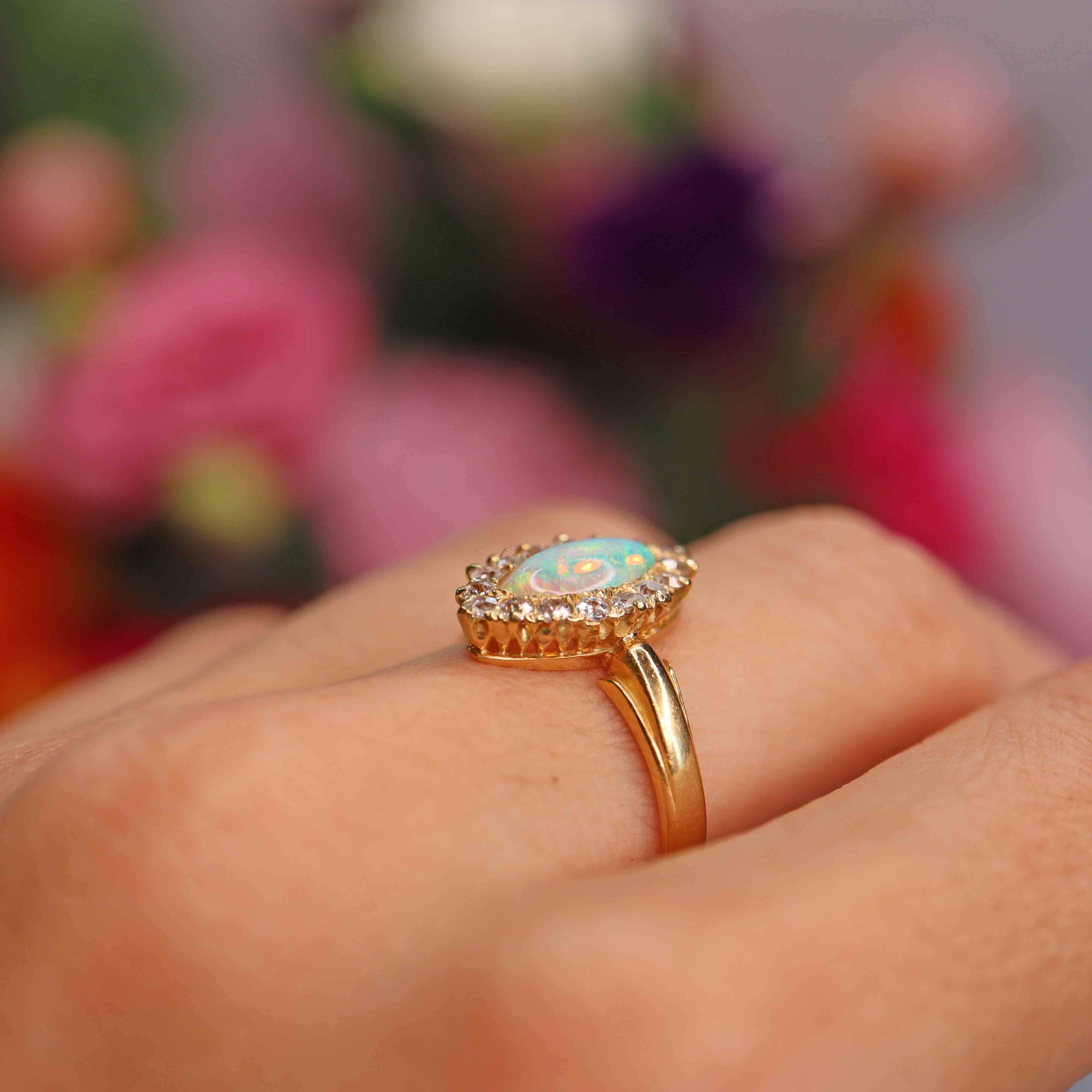 Ellibelle Jewellery Antique Victorian Opal & Old-Cut Diamond 18ct Gold Marquise Cluster Ring