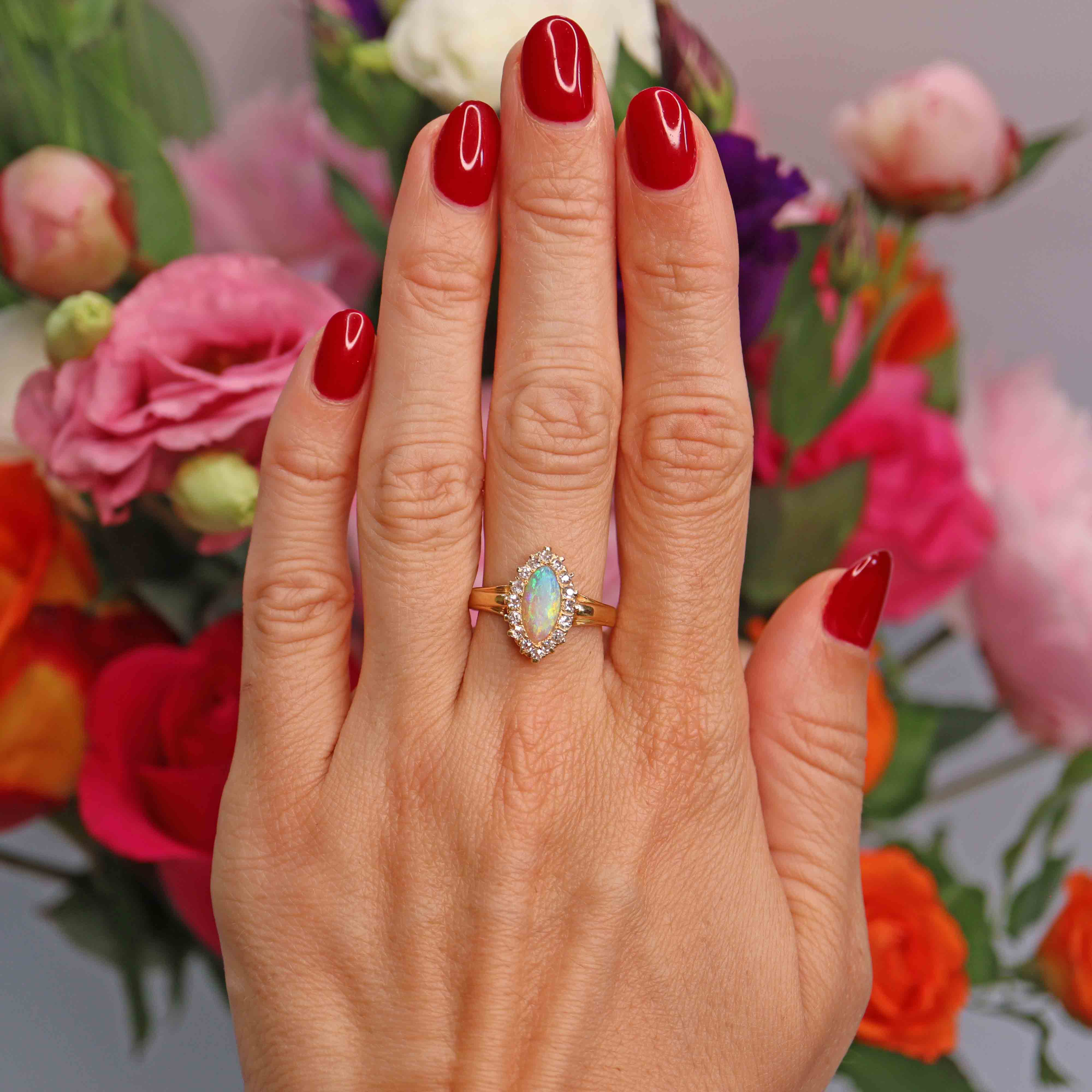 Ellibelle Jewellery Antique Victorian Opal & Old-Cut Diamond 18ct Gold Marquise Cluster Ring