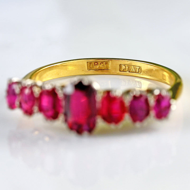 Ellibelle Jewellery Antique Victorian Ruby & Diamond 18ct Gold Platinum Seven Stone Ring