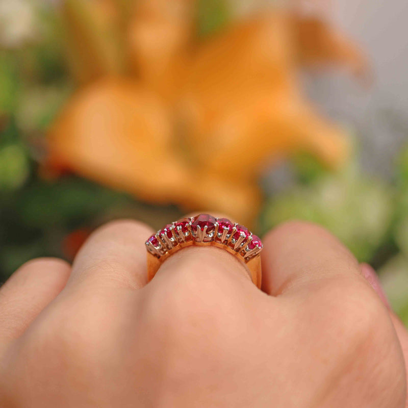 Ellibelle Jewellery Antique Victorian Ruby & Diamond 18ct Gold Platinum Seven Stone Ring