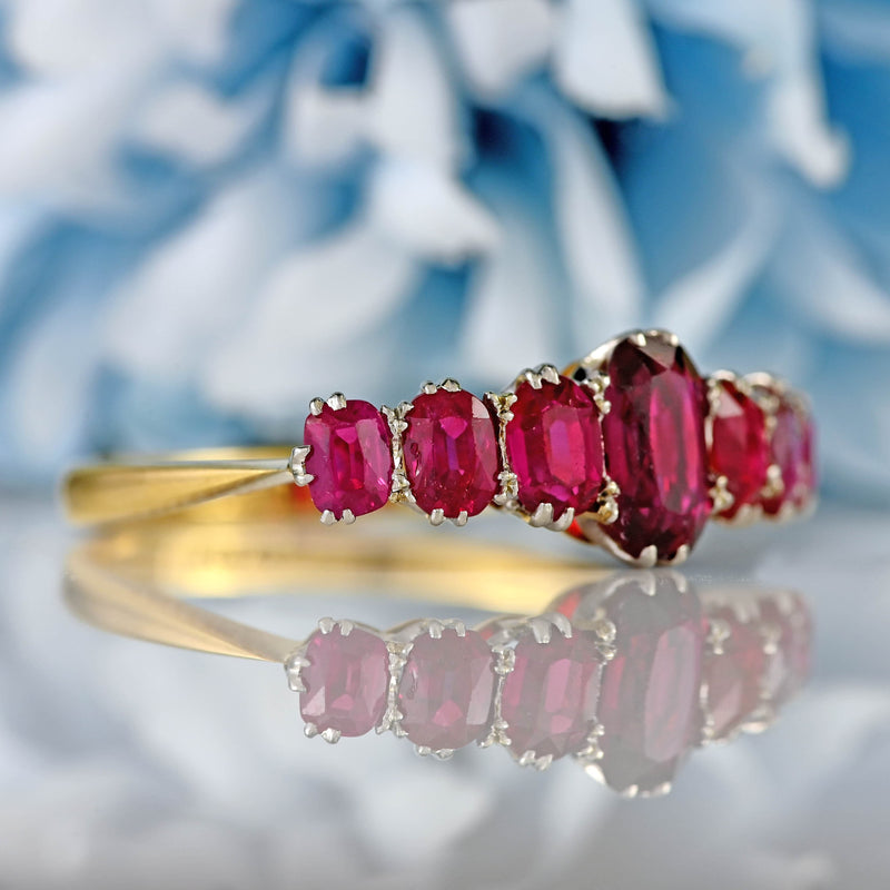 Ellibelle Jewellery Antique Victorian Ruby & Diamond 18ct Gold Platinum Seven Stone Ring