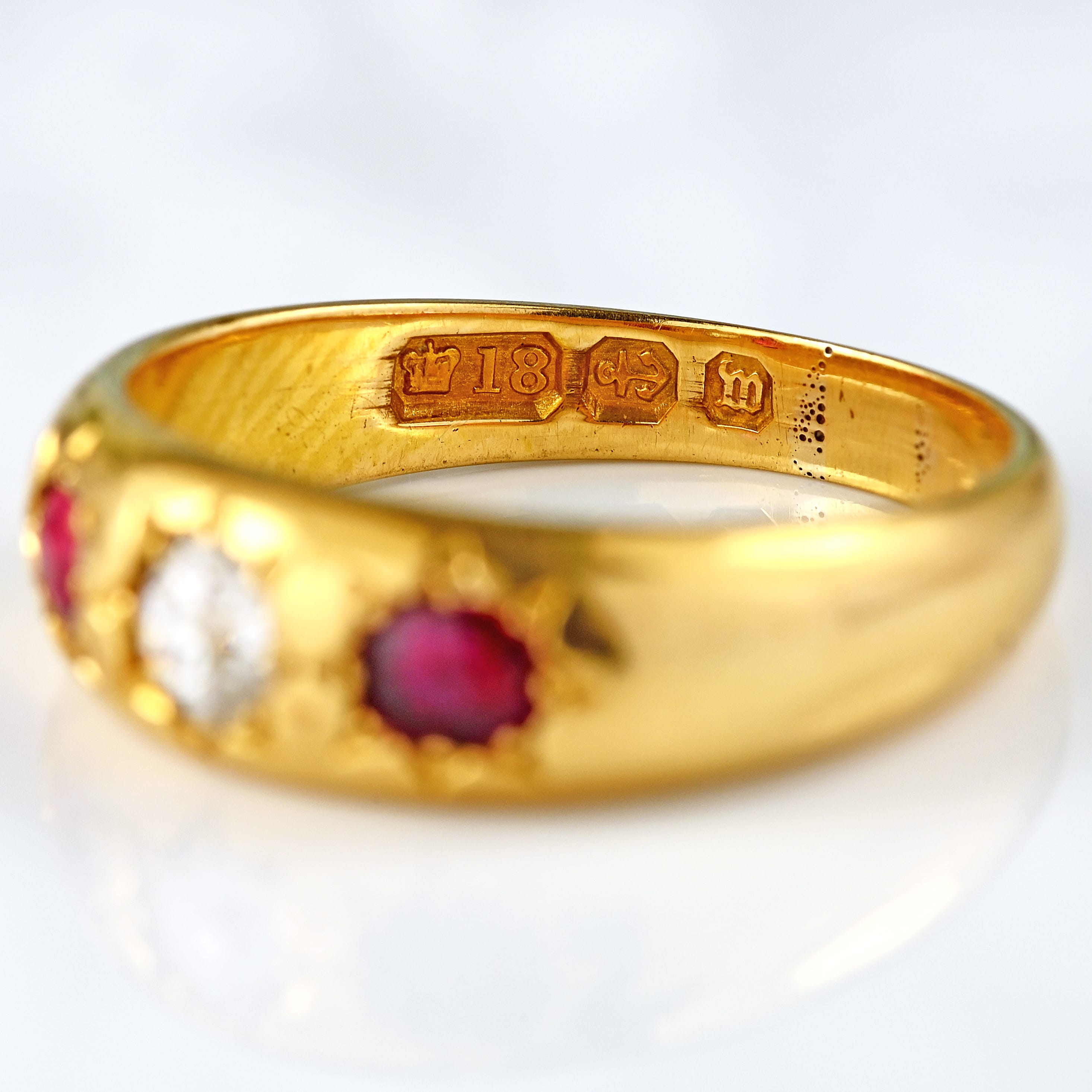 Ellibelle Jewellery Antique Victorian Ruby & Diamond 18ct Gold Three-Stone Gypsy Ring