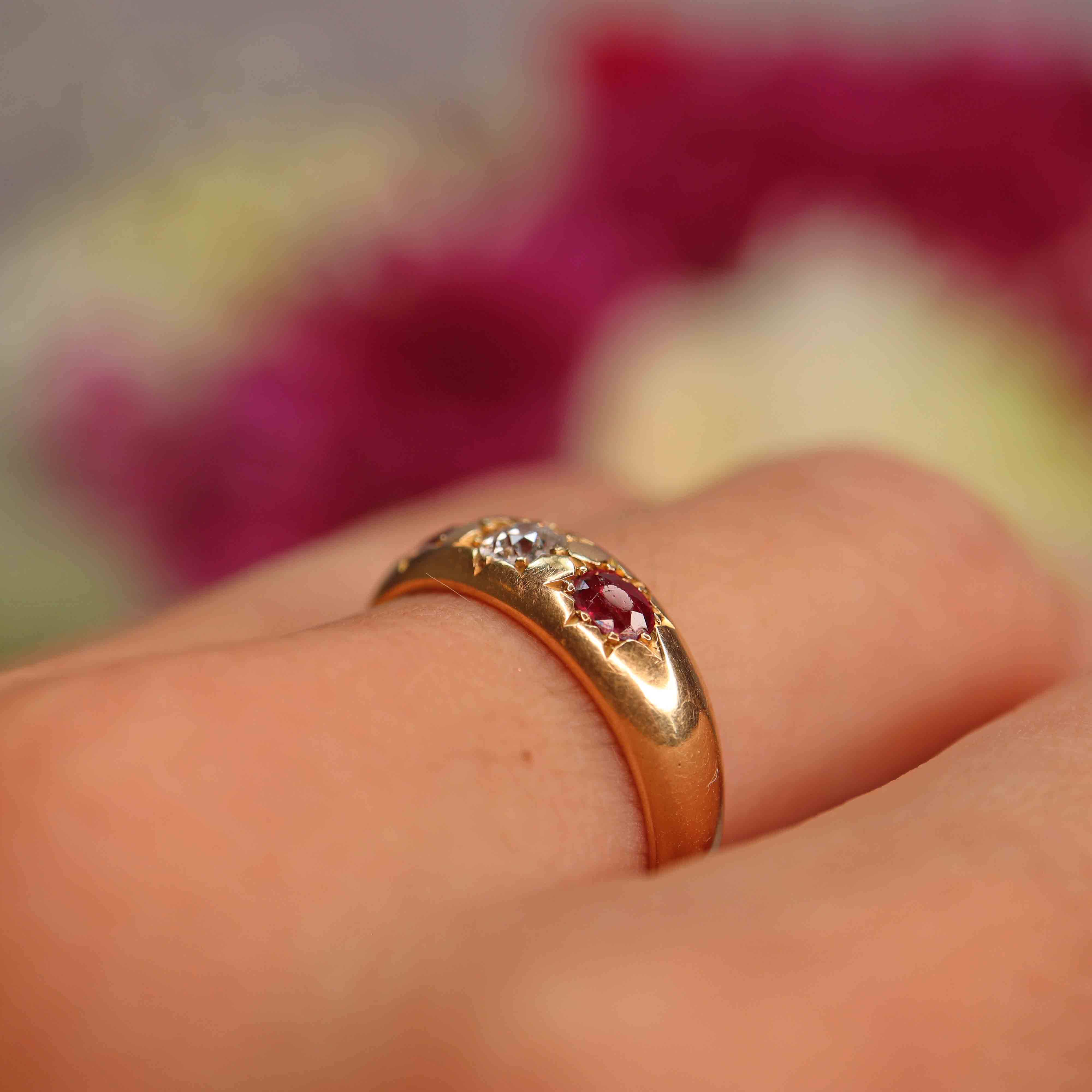 Ellibelle Jewellery Antique Victorian Ruby & Diamond 18ct Gold Three-Stone Gypsy Ring
