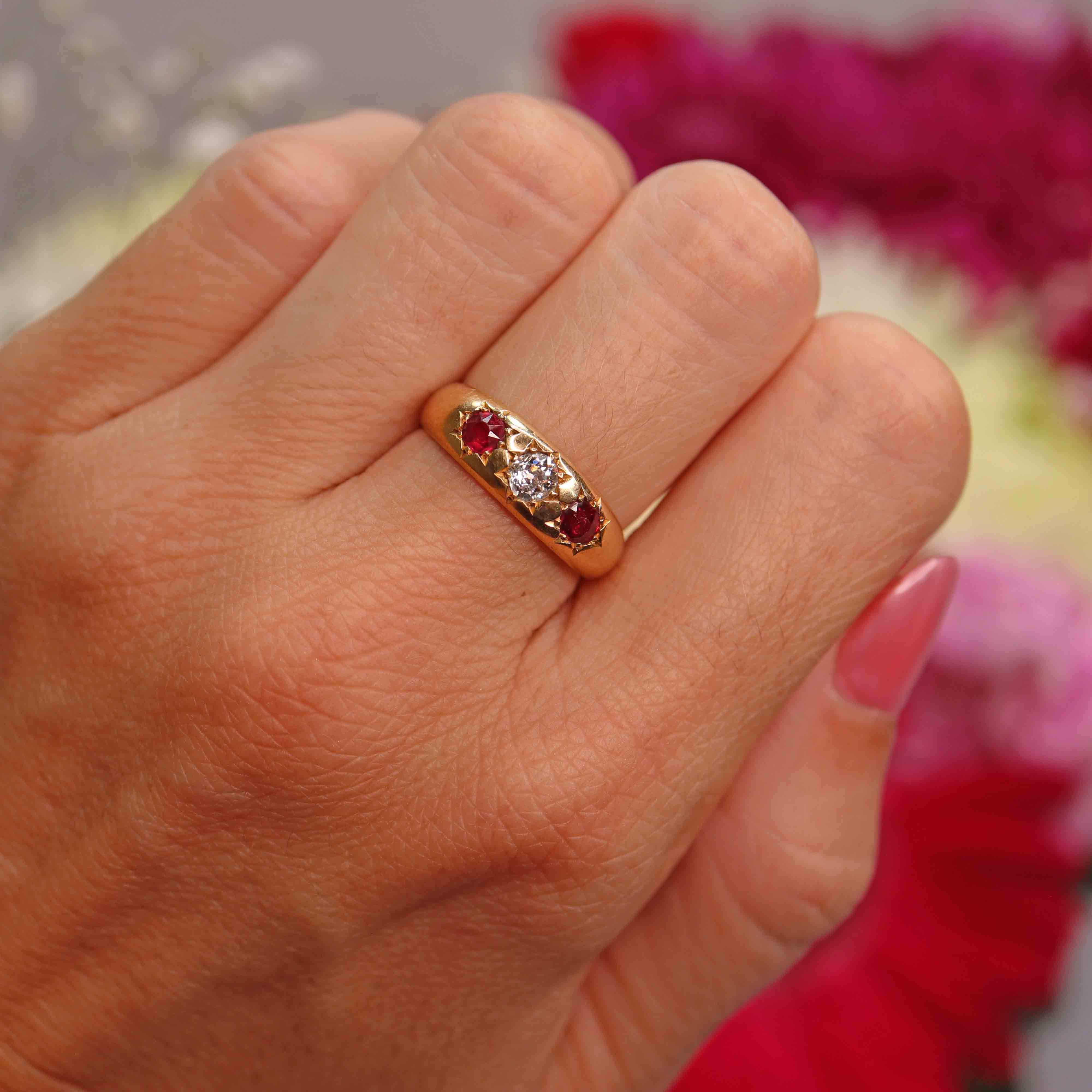 Ellibelle Jewellery Antique Victorian Ruby & Diamond 18ct Gold Three-Stone Gypsy Ring