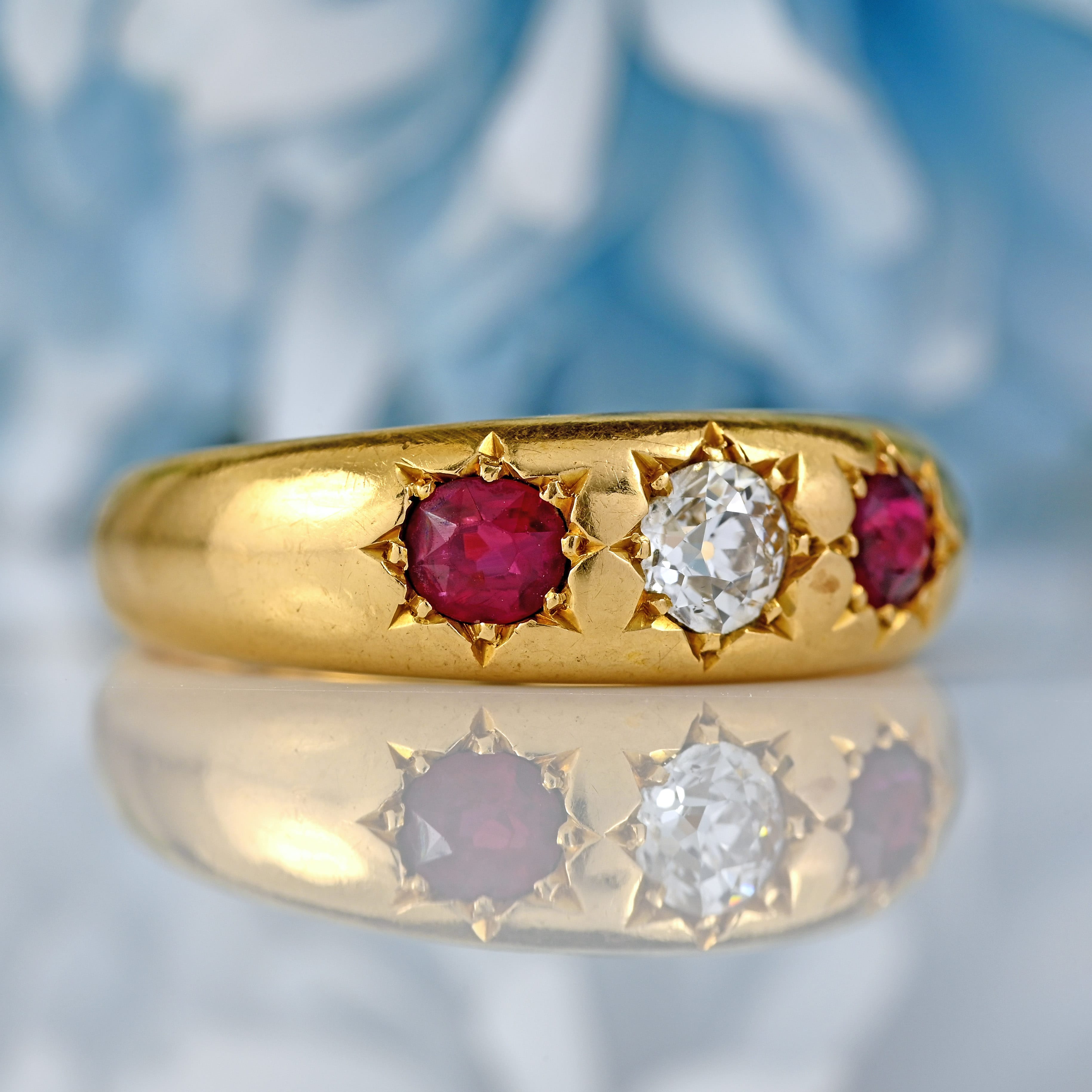 Ellibelle Jewellery Antique Victorian Ruby & Diamond 18ct Gold Three-Stone Gypsy Ring