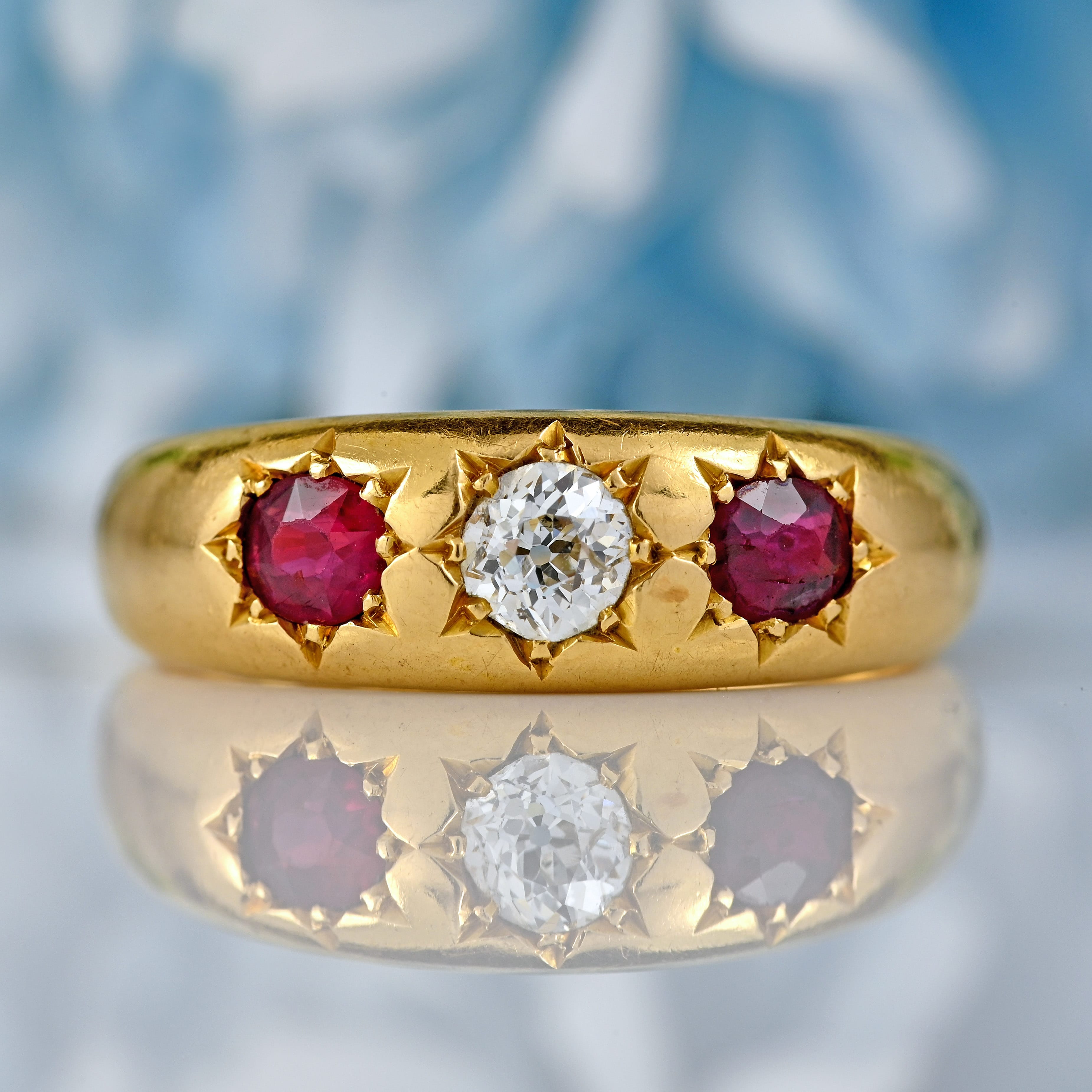 Ellibelle Jewellery Antique Victorian Ruby & Diamond 18ct Gold Three-Stone Gypsy Ring