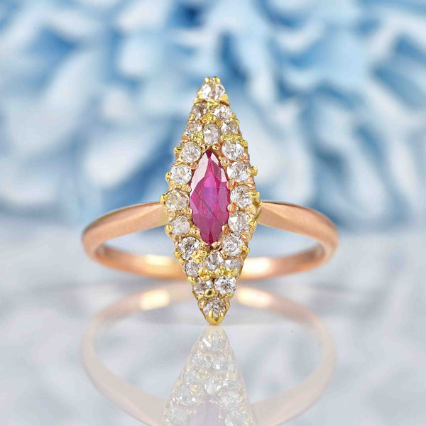 Ellibelle Jewellery Antique Victorian Ruby & Diamond Marquise Navette Ring