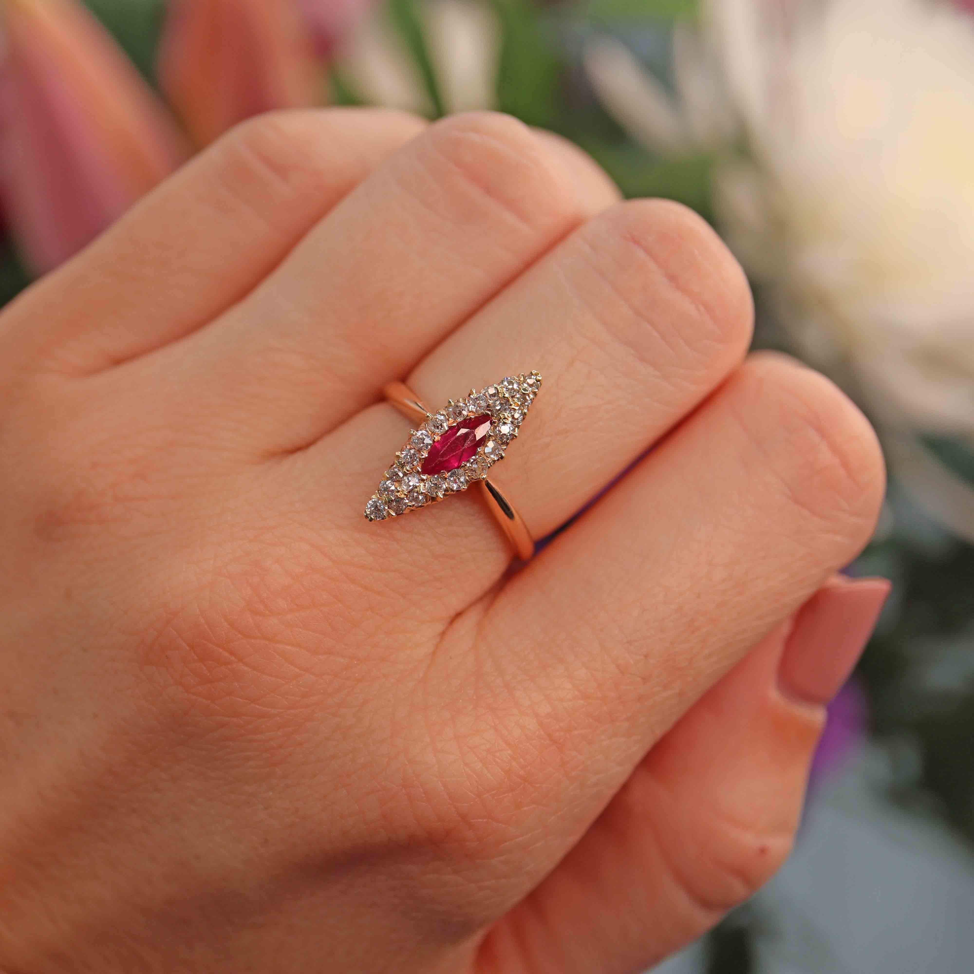 Ellibelle Jewellery Antique Victorian Ruby & Diamond Marquise Navette Ring