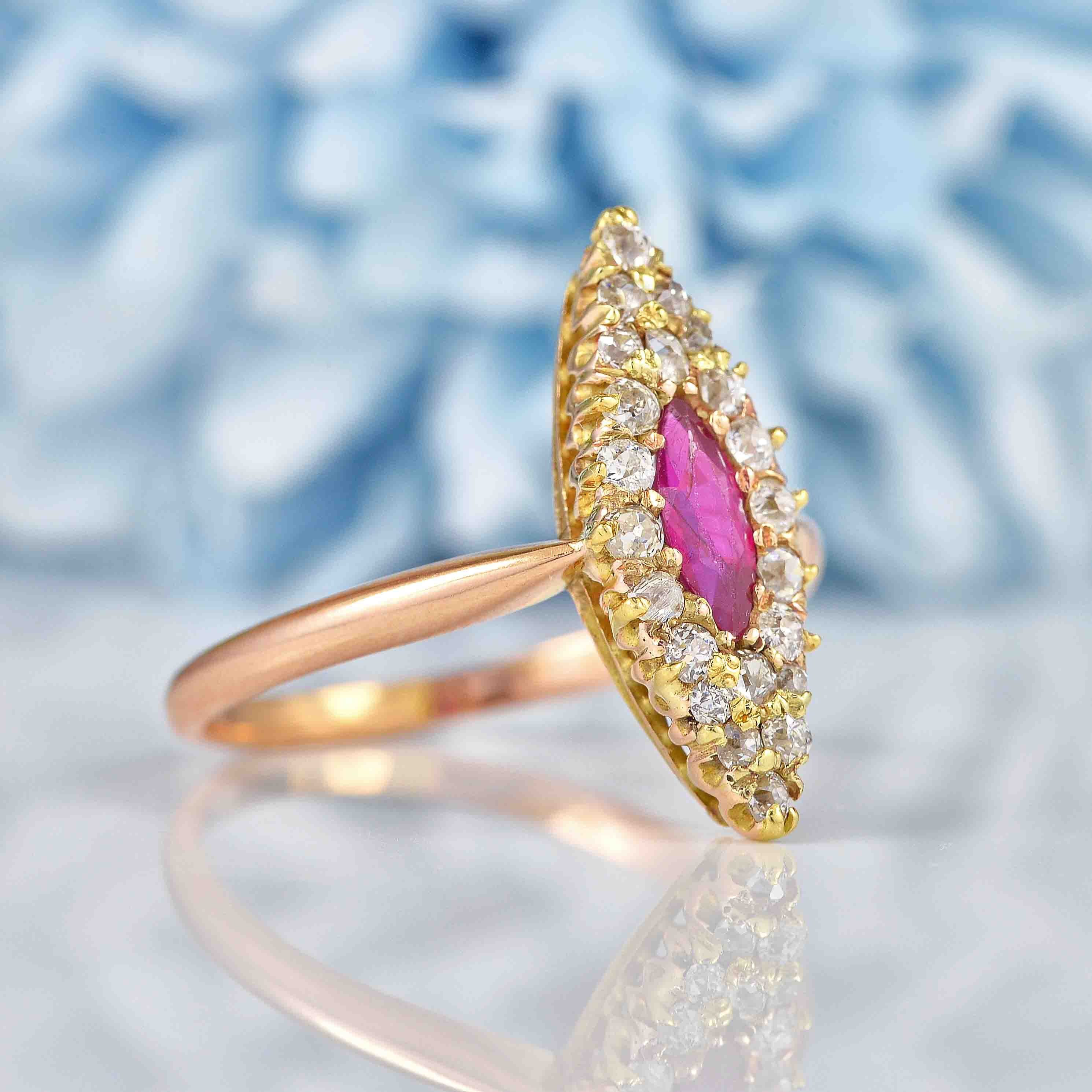 Antique Victorian Ruby Diamond Rose-Gold Marquise Ring