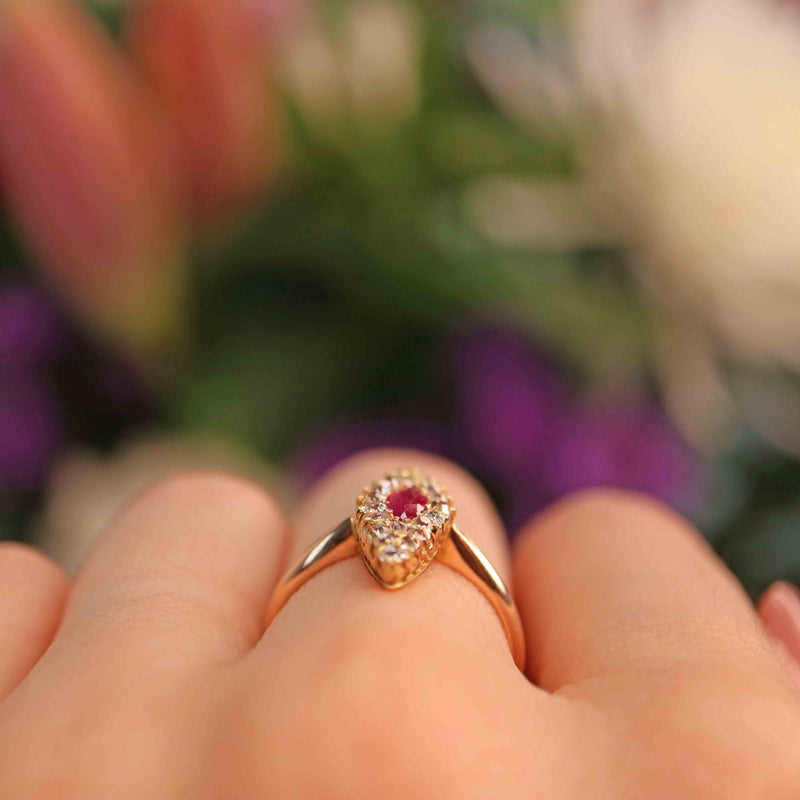 Ellibelle Jewellery Antique Victorian Ruby & Diamond Marquise Navette Ring