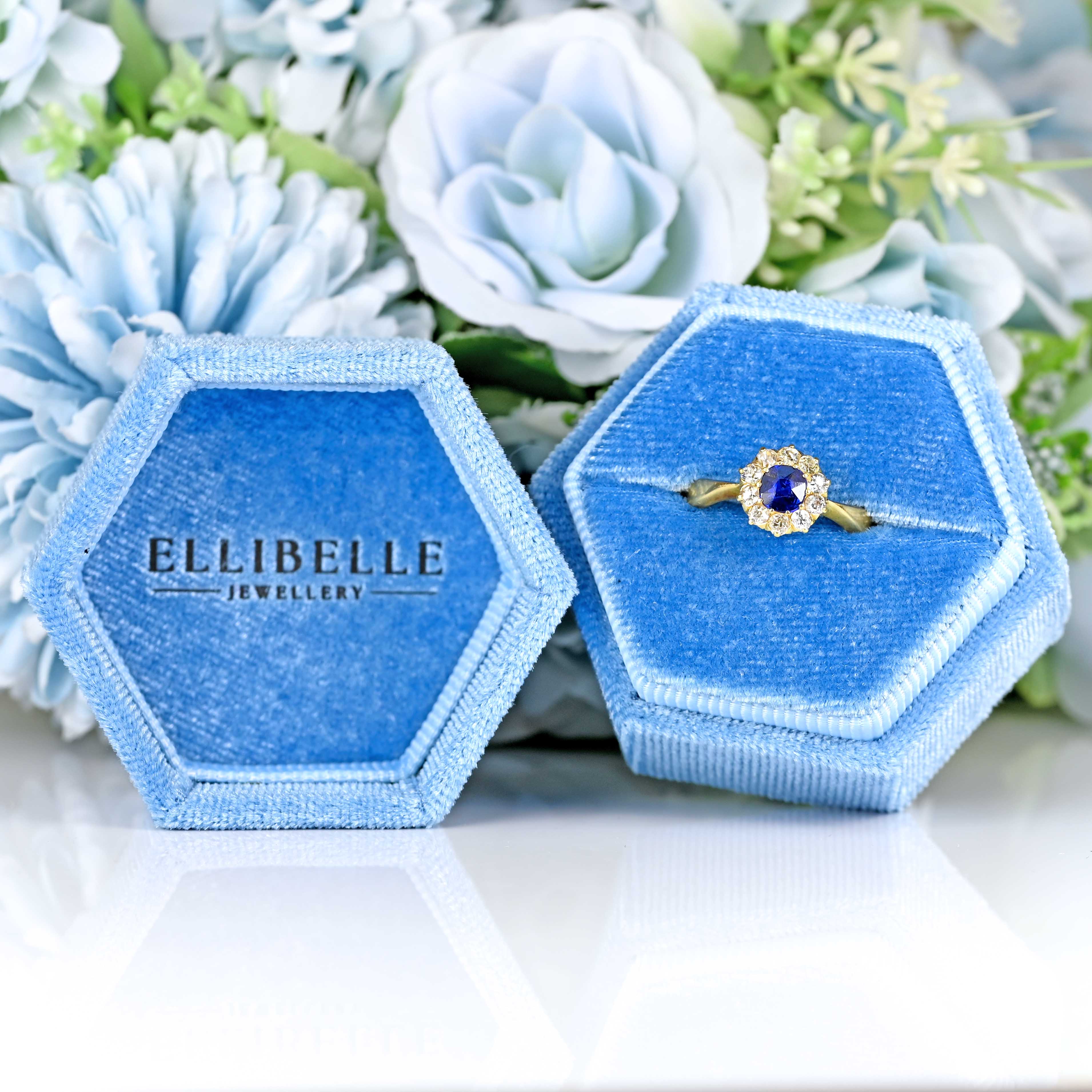 Ellibelle Jewellery Antique Victorian Sapphire & Diamond 18ct Gold Cluster Engagement Ring