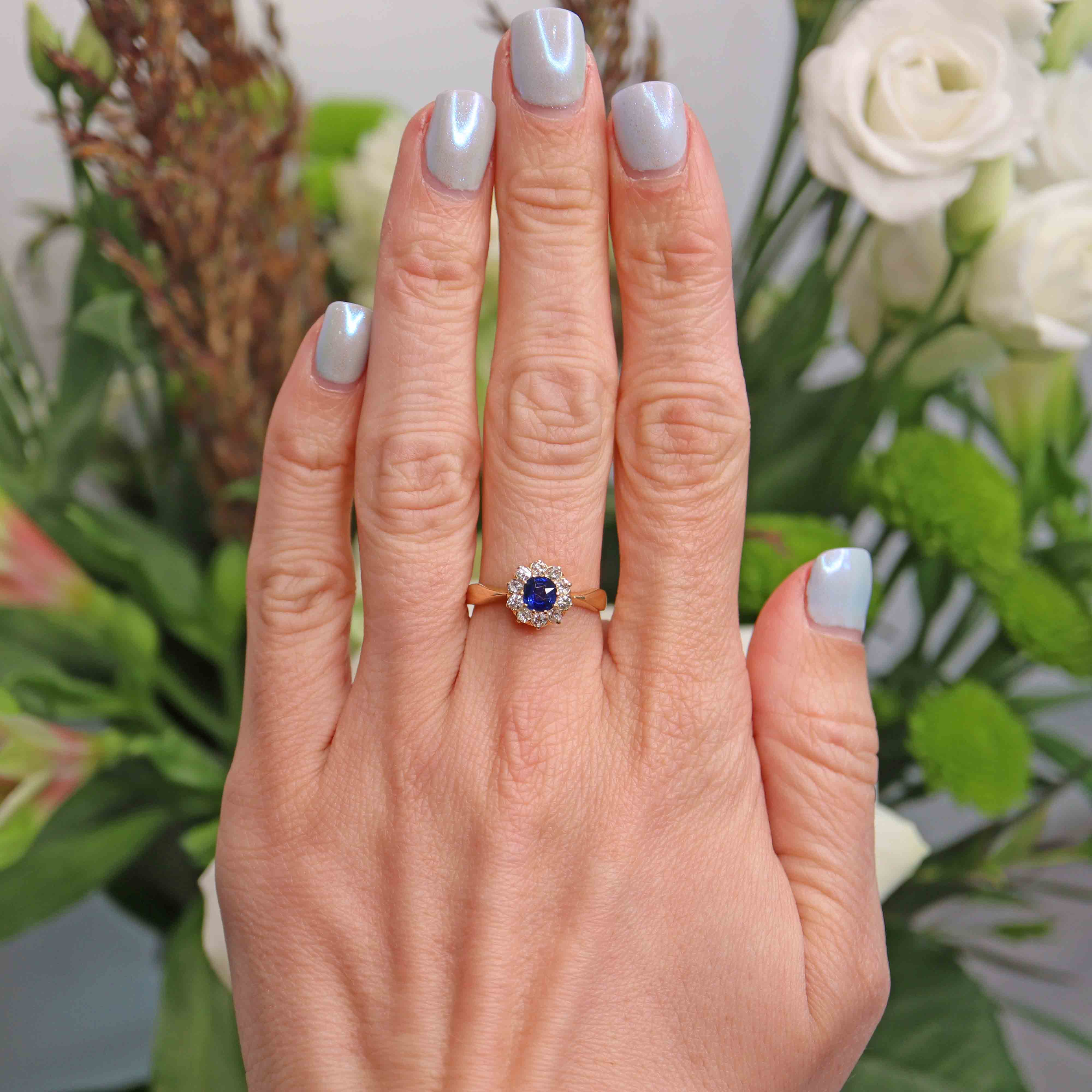 Ellibelle Jewellery Antique Victorian Sapphire & Diamond 18ct Gold Cluster Engagement Ring