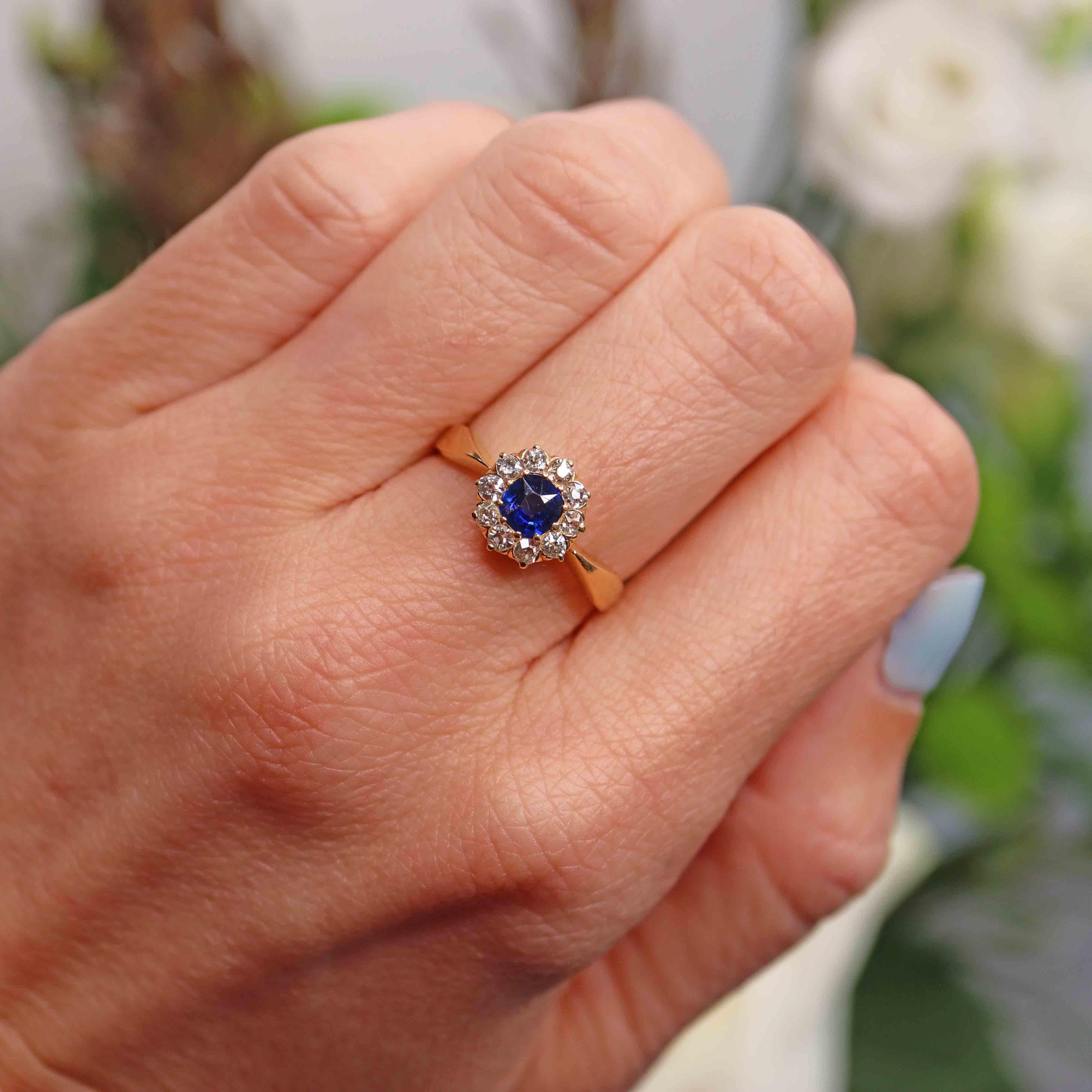 Ellibelle Jewellery Antique Victorian Sapphire & Diamond 18ct Gold Cluster Engagement Ring
