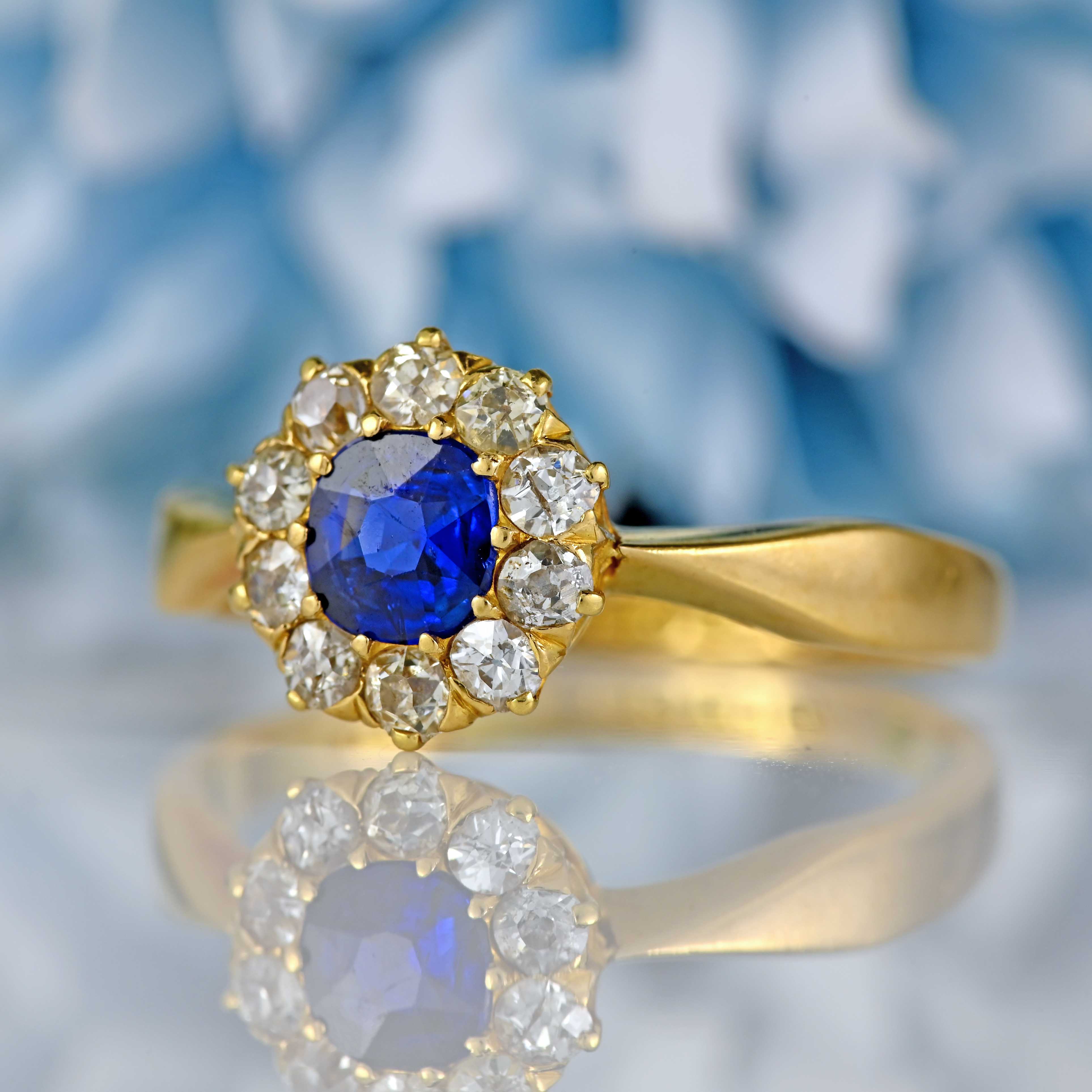 Ellibelle Jewellery Antique Victorian Sapphire & Diamond 18ct Gold Cluster Engagement Ring