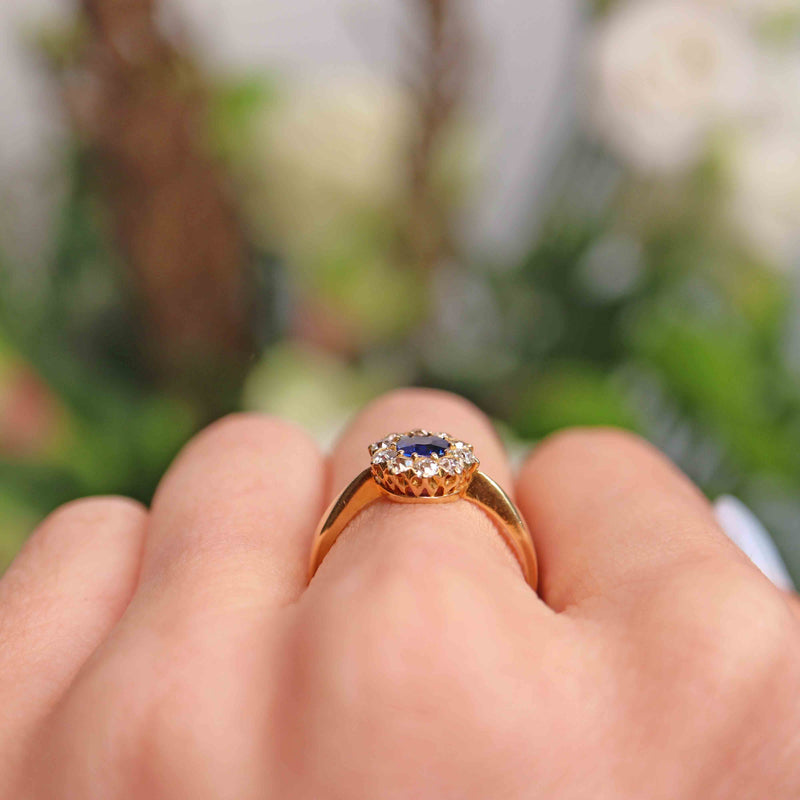 Ellibelle Jewellery Antique Victorian Sapphire & Diamond 18ct Gold Cluster Engagement Ring