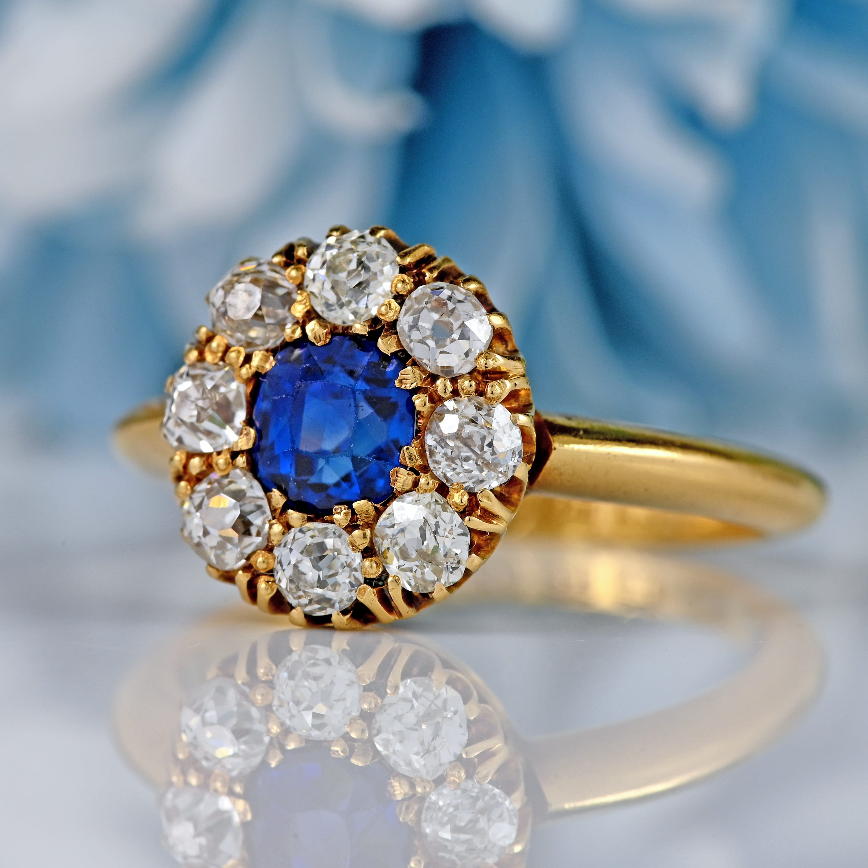 Ellibelle Jewellery Antique Victorian Sapphire & Diamond 18ct Gold Cluster Engagement Ring