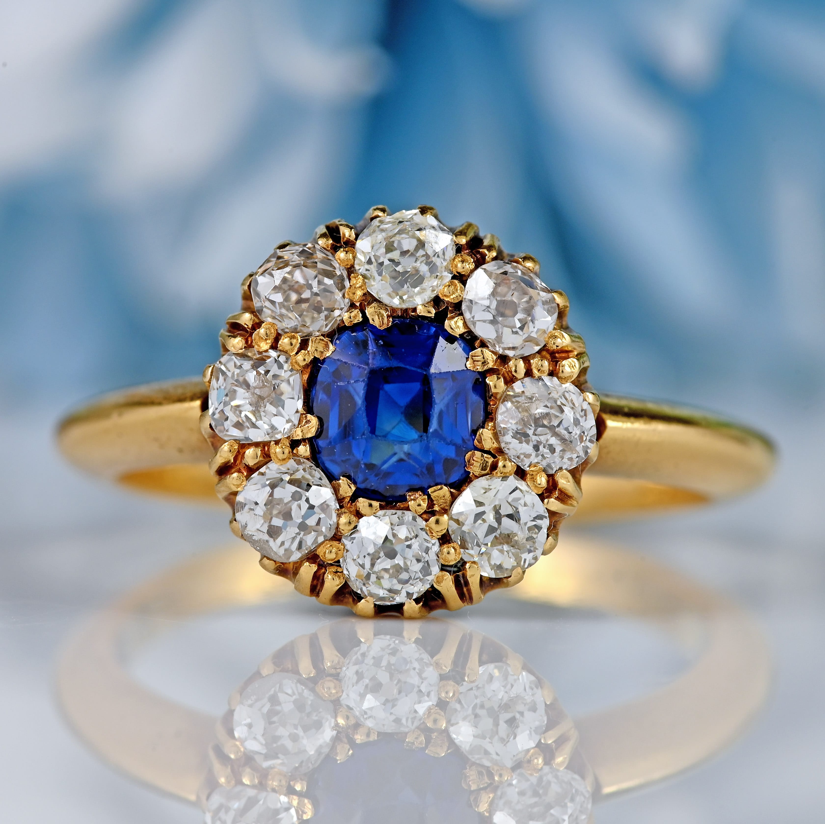 Ellibelle Jewellery Antique Victorian Sapphire & Diamond 18ct Gold Cluster Engagement Ring