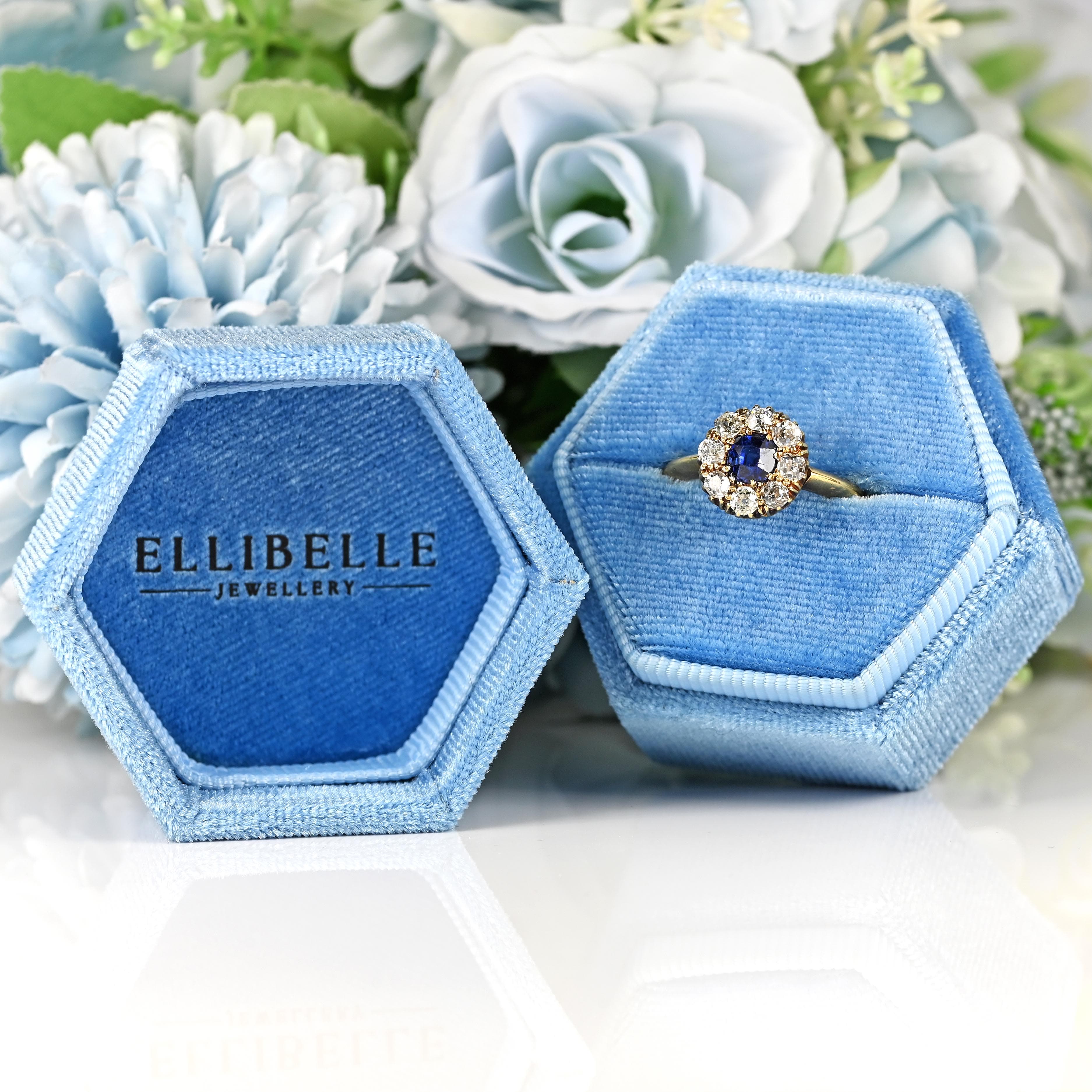 Ellibelle Jewellery Antique Victorian Sapphire & Diamond 18ct Gold Cluster Engagement Ring