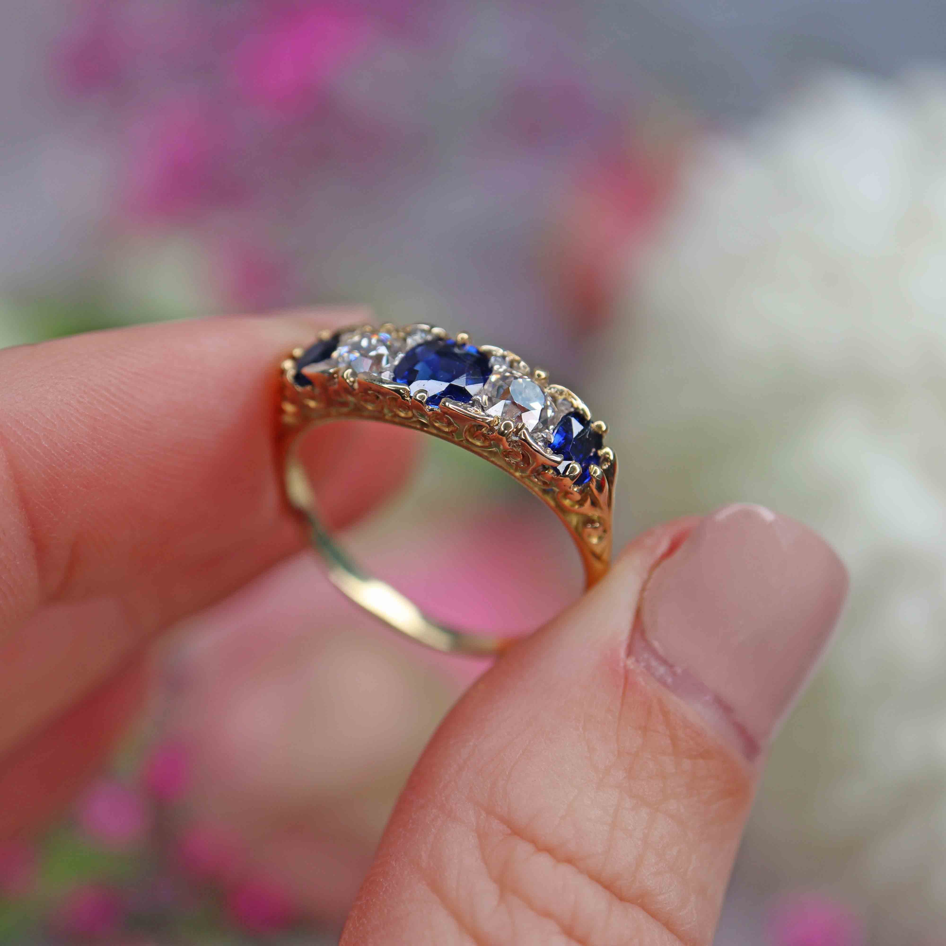 Ellibelle Jewellery Antique Victorian Sapphire & Diamond Carved Half Hoop Ring