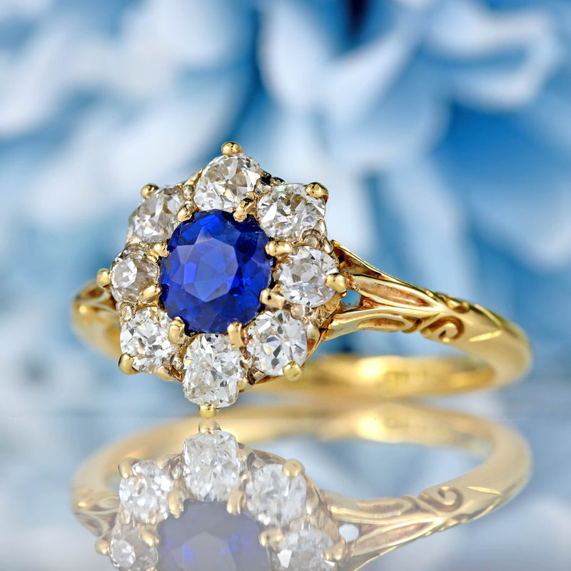 Ellibelle Jewellery Antique Victorian Sapphire & Old-Cut Diamond 18ct Gold Cluster Ring