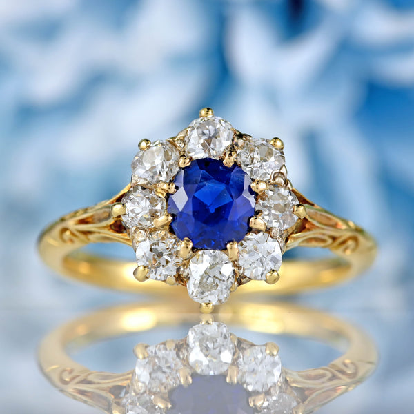Ellibelle Jewellery Antique Victorian Sapphire & Old-Cut Diamond 18ct Gold Cluster Ring