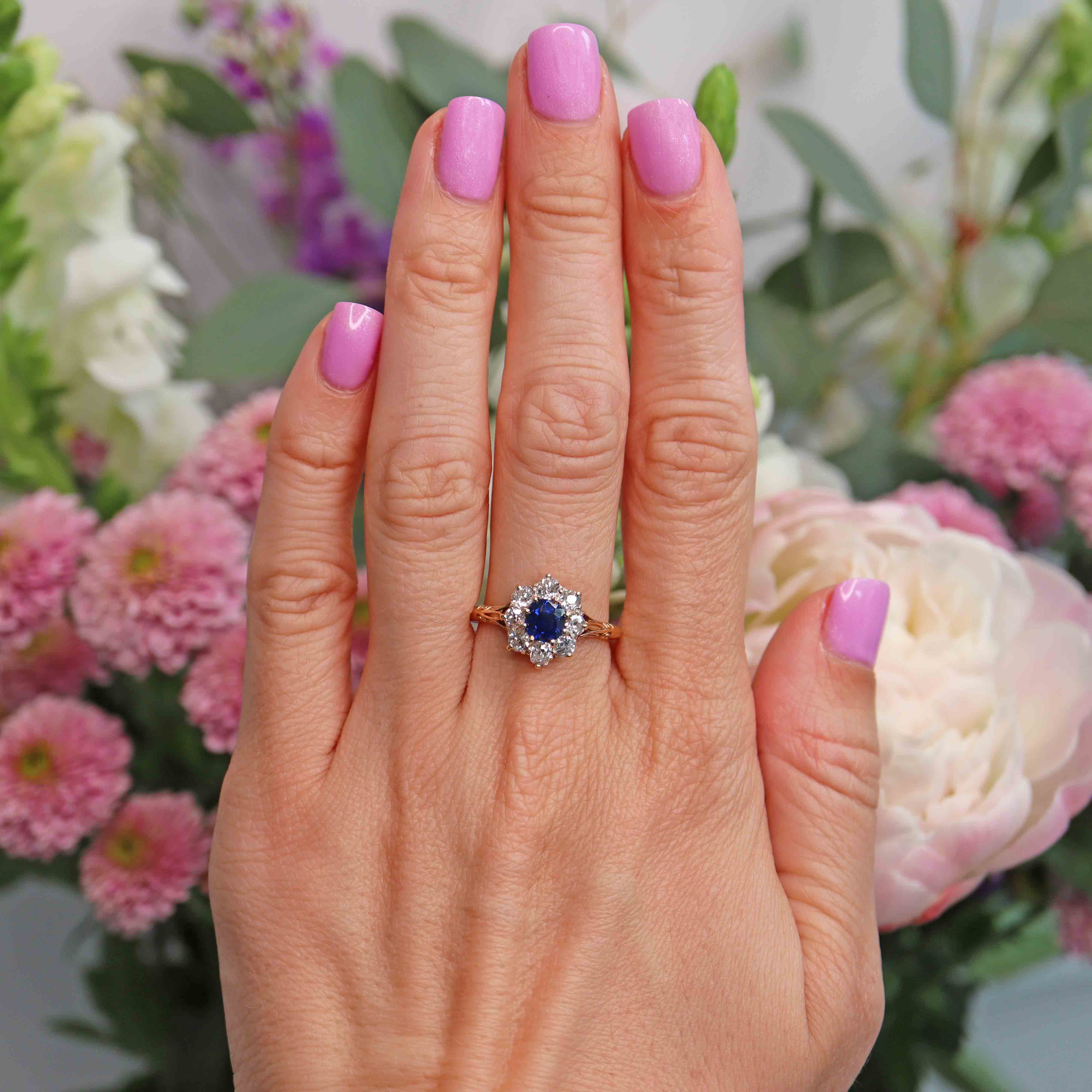 Ellibelle Jewellery Antique Victorian Sapphire & Old-Cut Diamond 18ct Gold Cluster Ring