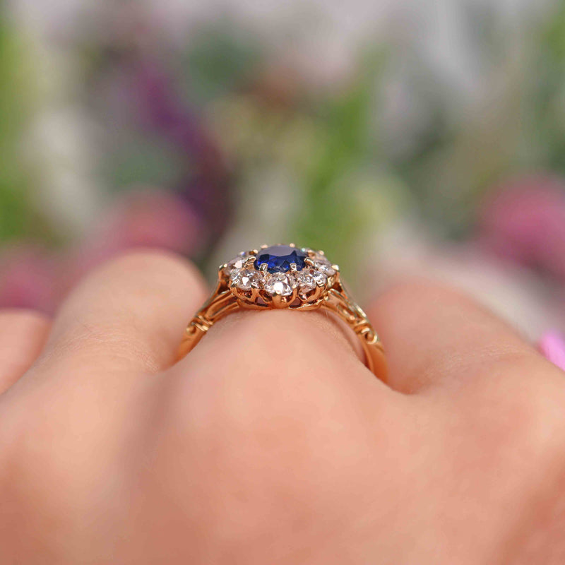 Ellibelle Jewellery Antique Victorian Sapphire & Old-Cut Diamond 18ct Gold Cluster Ring