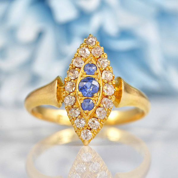 Ellibelle Jewellery Antique Victorian Sapphire & Old Cut Diamond 18ct Gold Navette Ring