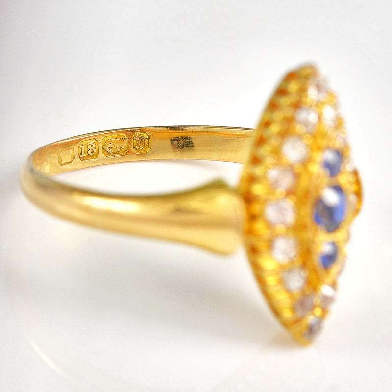 Ellibelle Jewellery Antique Victorian Sapphire & Old Cut Diamond 18ct Gold Navette Ring