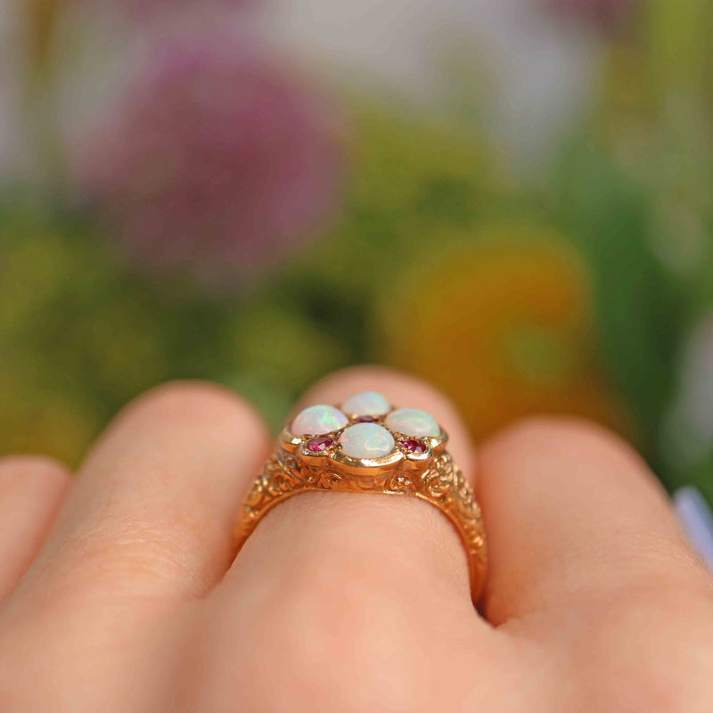 Ellibelle Jewellery Antique Victorian Style Opal & Ruby 9ct Gold Ring