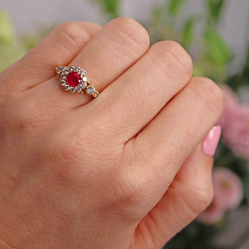 Ellibelle Jewellery Antique Victorian Style Ruby & Diamond 18ct Gold Cluster Ring