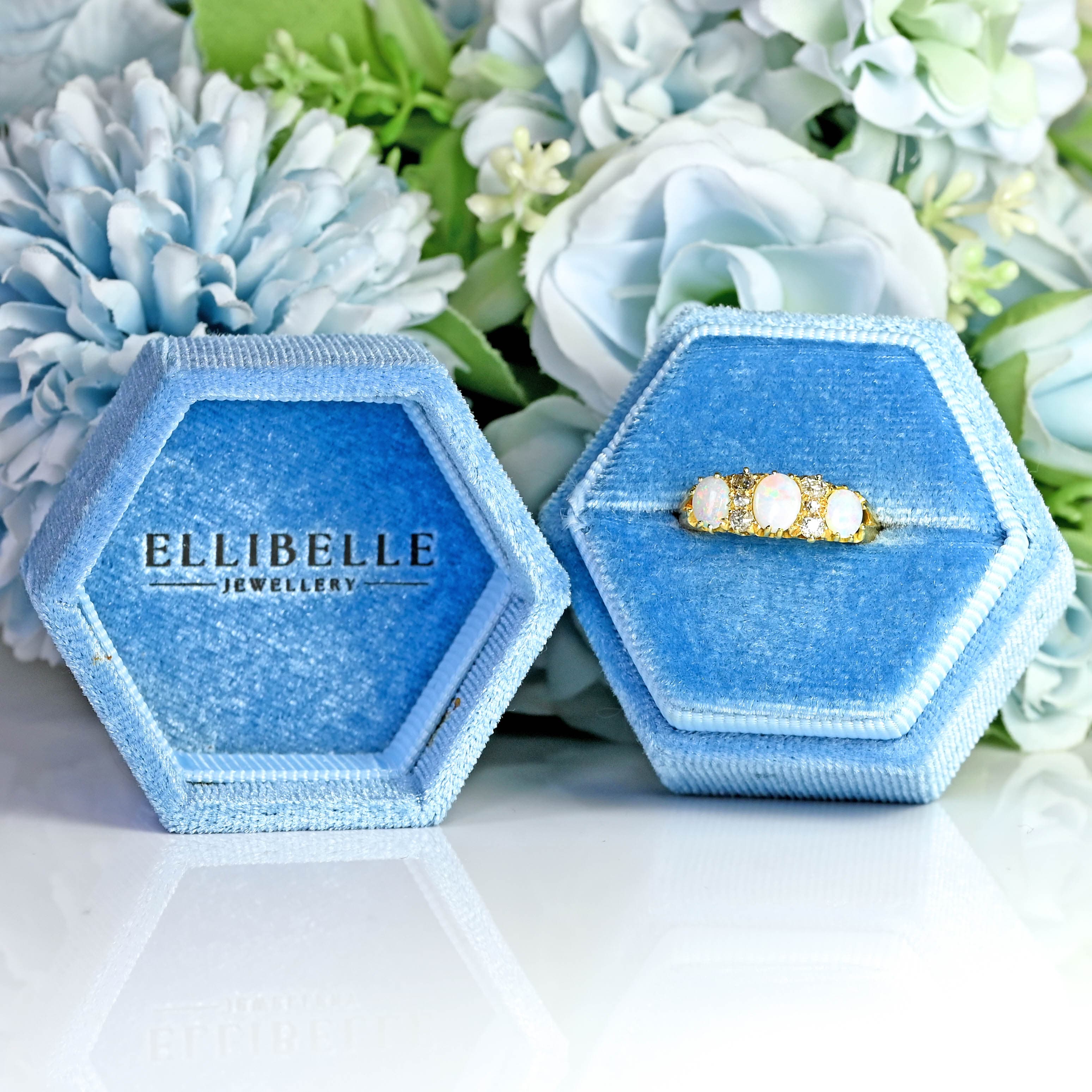 Ellibelle Jewellery Antique Victorian Three-Stone Opal & Diamond 18ct Gold Ring