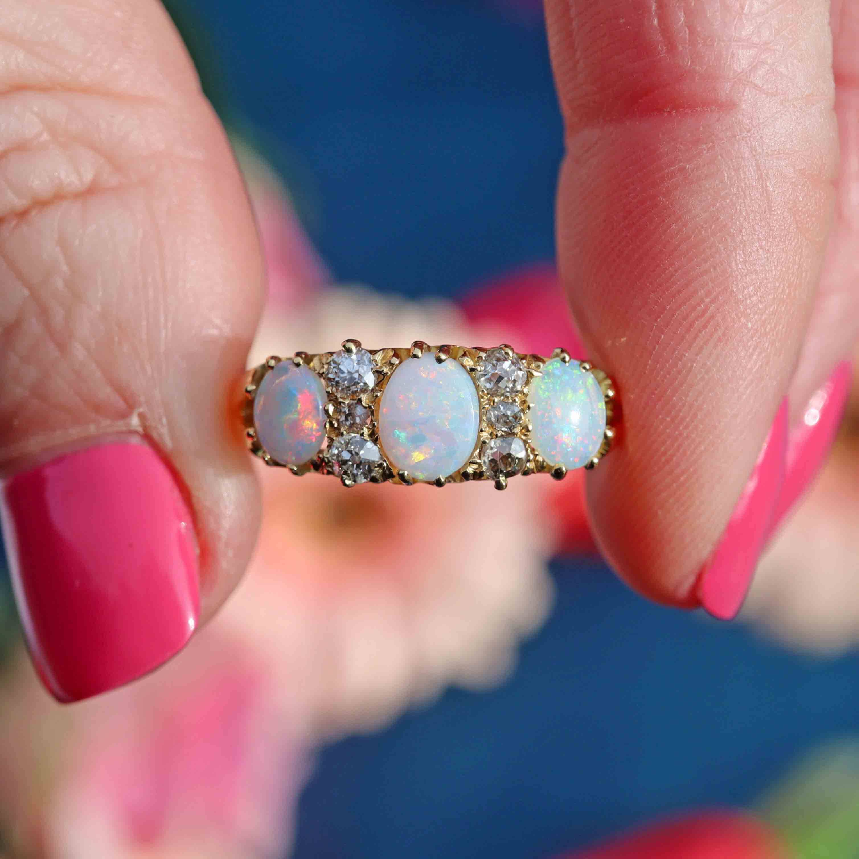 Ellibelle Jewellery Antique Victorian Three-Stone Opal & Diamond 18ct Gold Ring