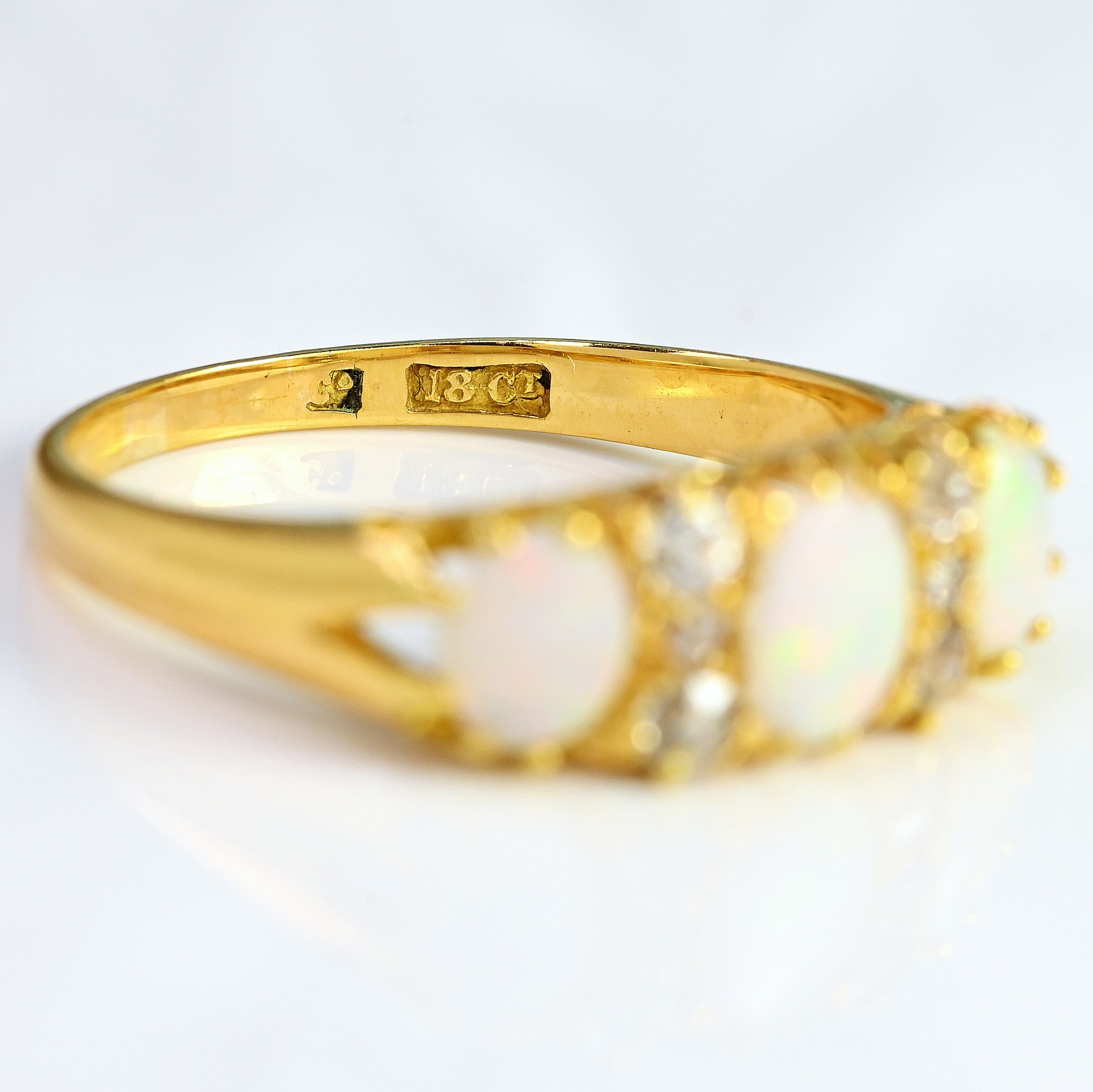 Ellibelle Jewellery Antique Victorian Three-Stone Opal & Diamond 18ct Gold Ring