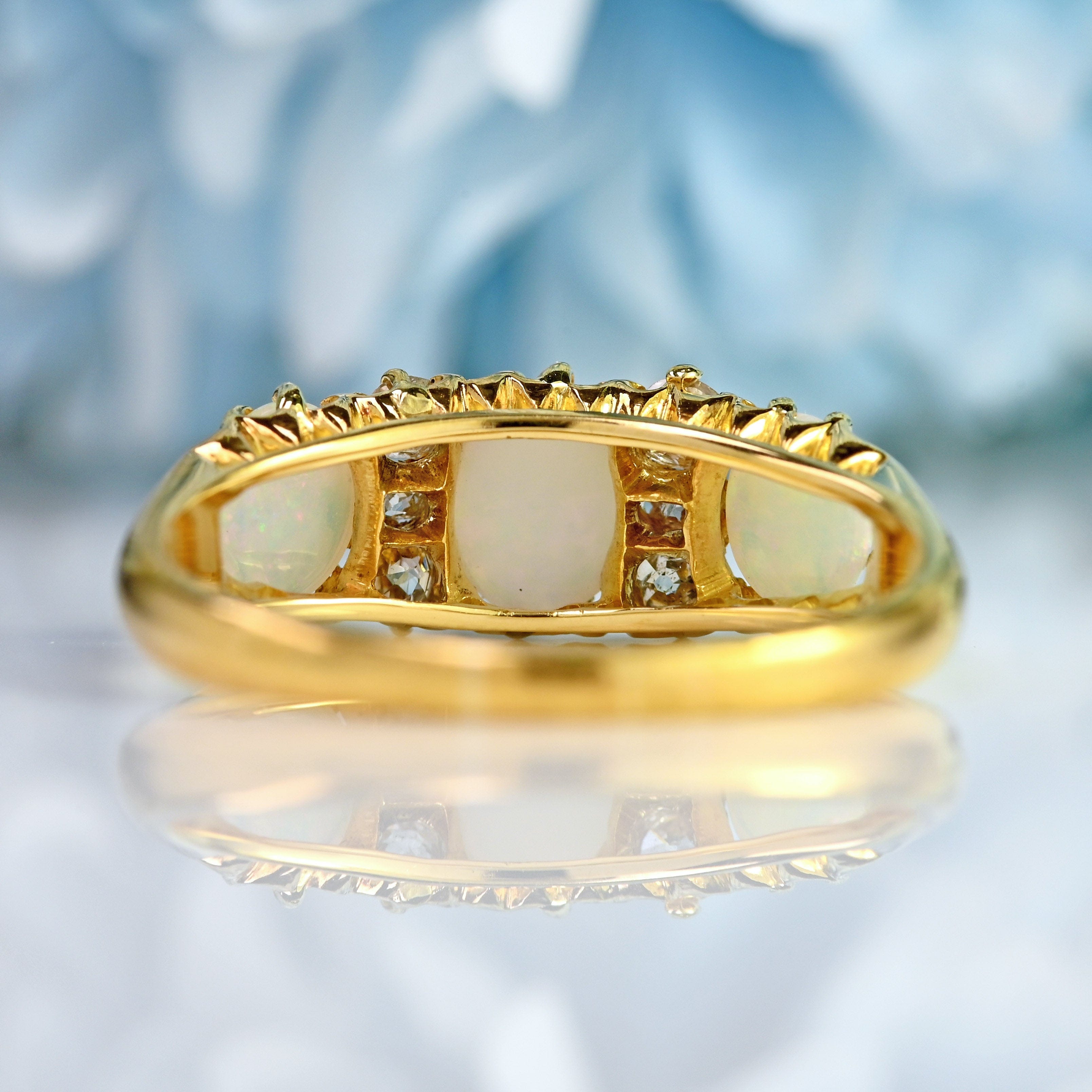 Ellibelle Jewellery Antique Victorian Three-Stone Opal & Diamond 18ct Gold Ring