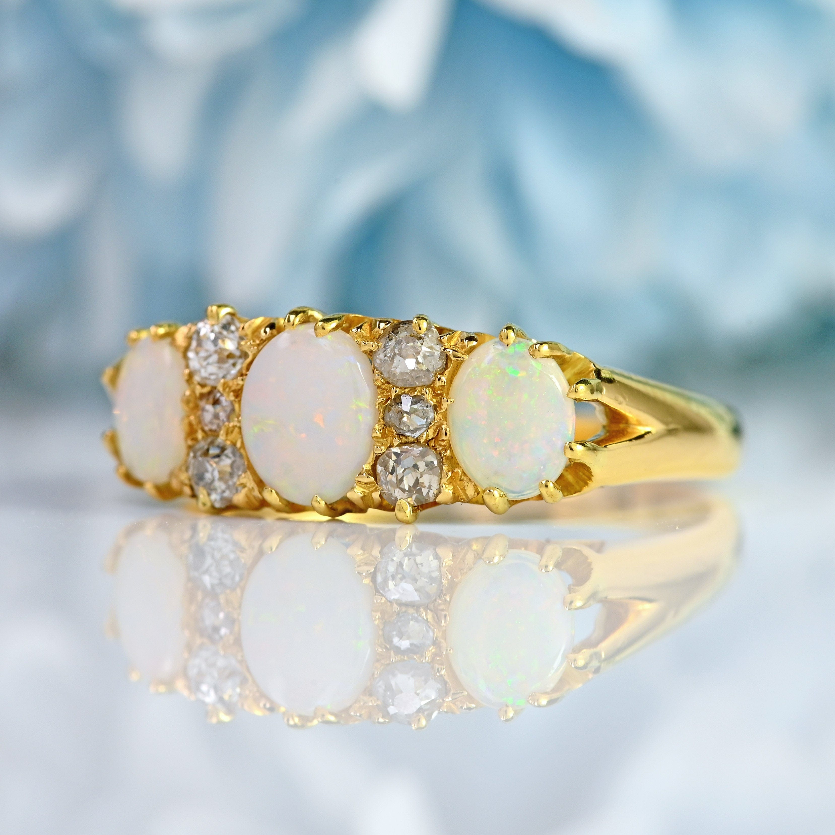 Ellibelle Jewellery Antique Victorian Three-Stone Opal & Diamond 18ct Gold Ring