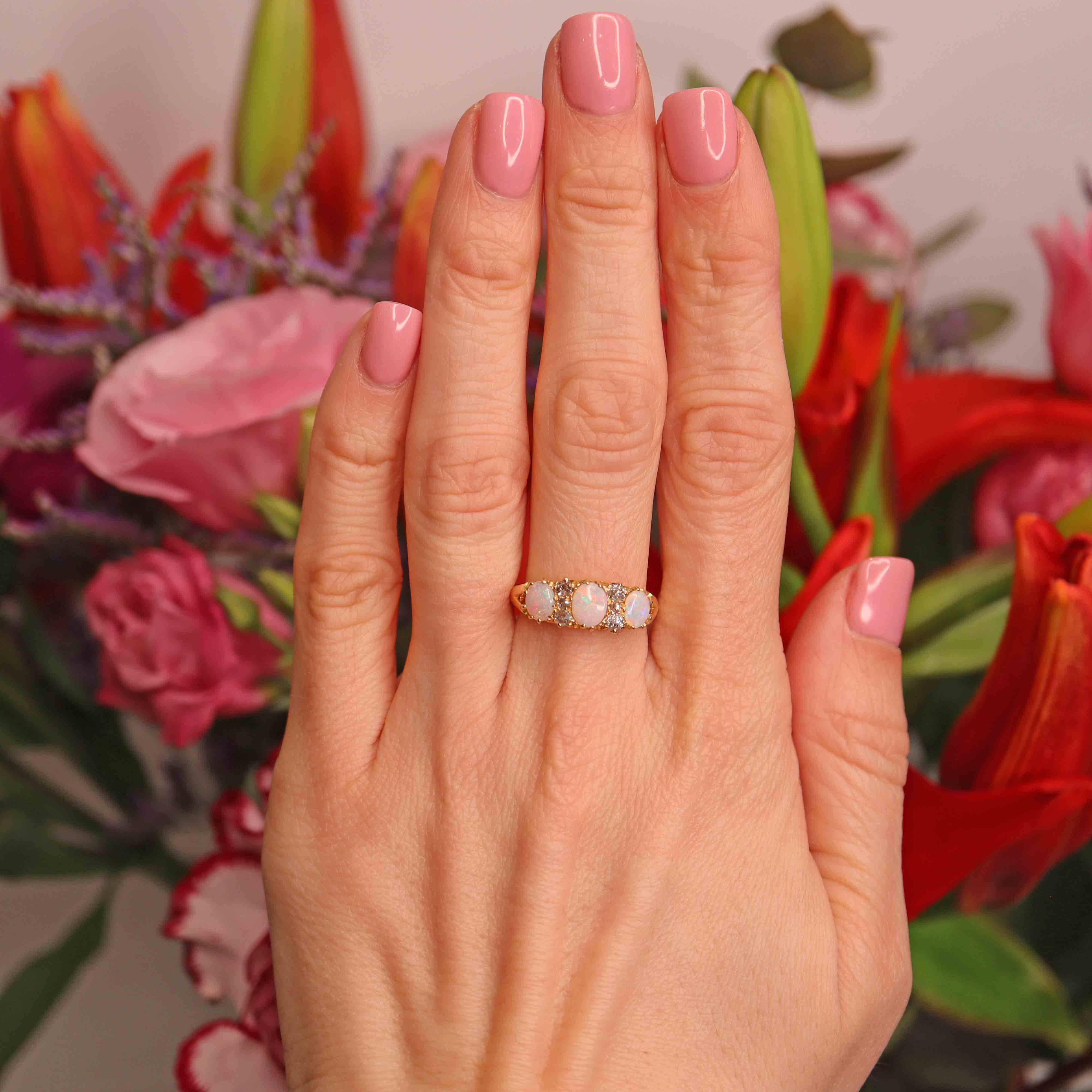 Ellibelle Jewellery Antique Victorian Three-Stone Opal & Diamond 18ct Gold Ring