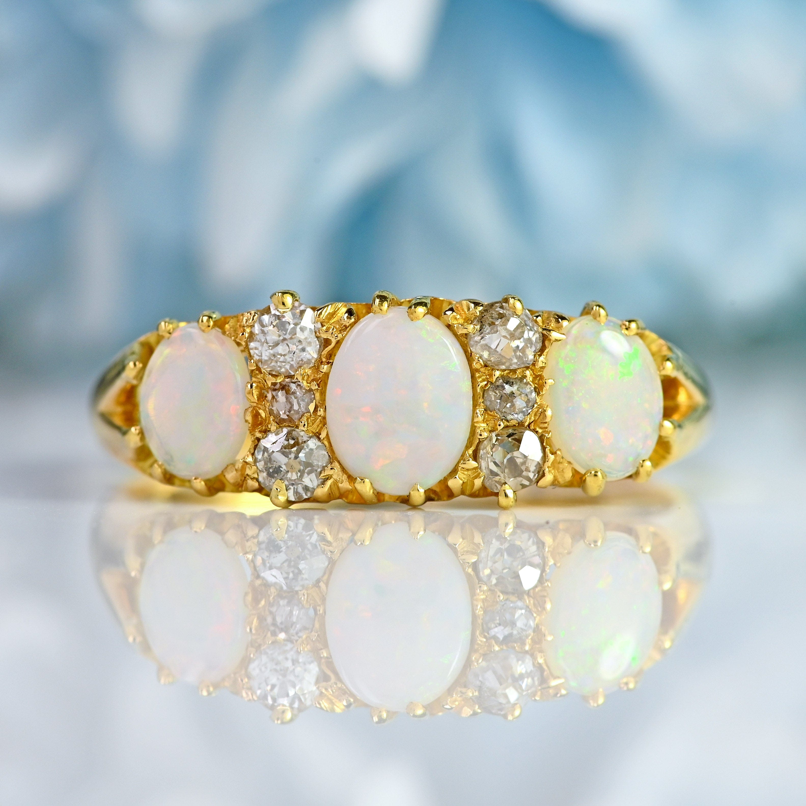 Ellibelle Jewellery Antique Victorian Three-Stone Opal & Diamond 18ct Gold Ring