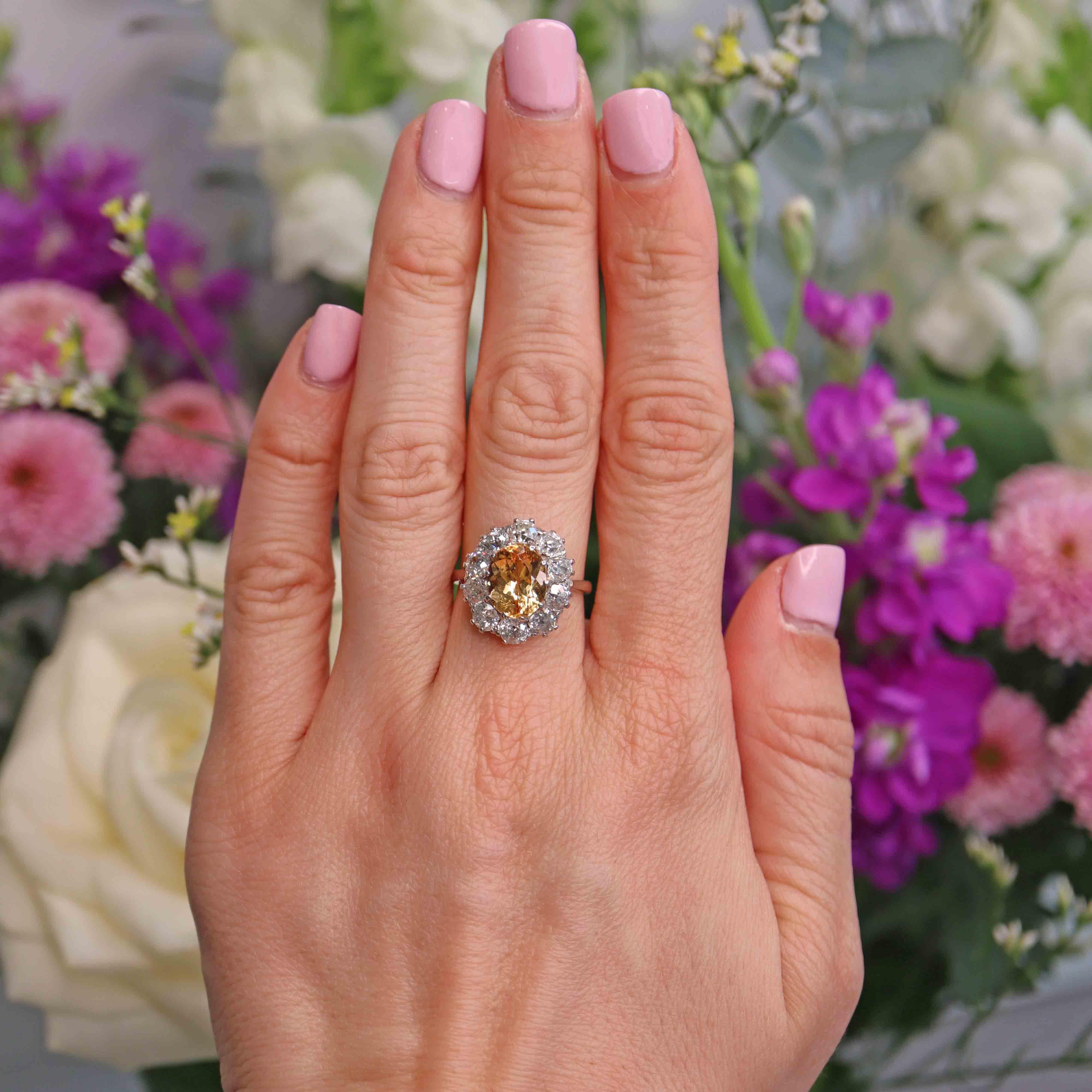 Antique Yellow Topaz Diamond Platinum Engagement Ring