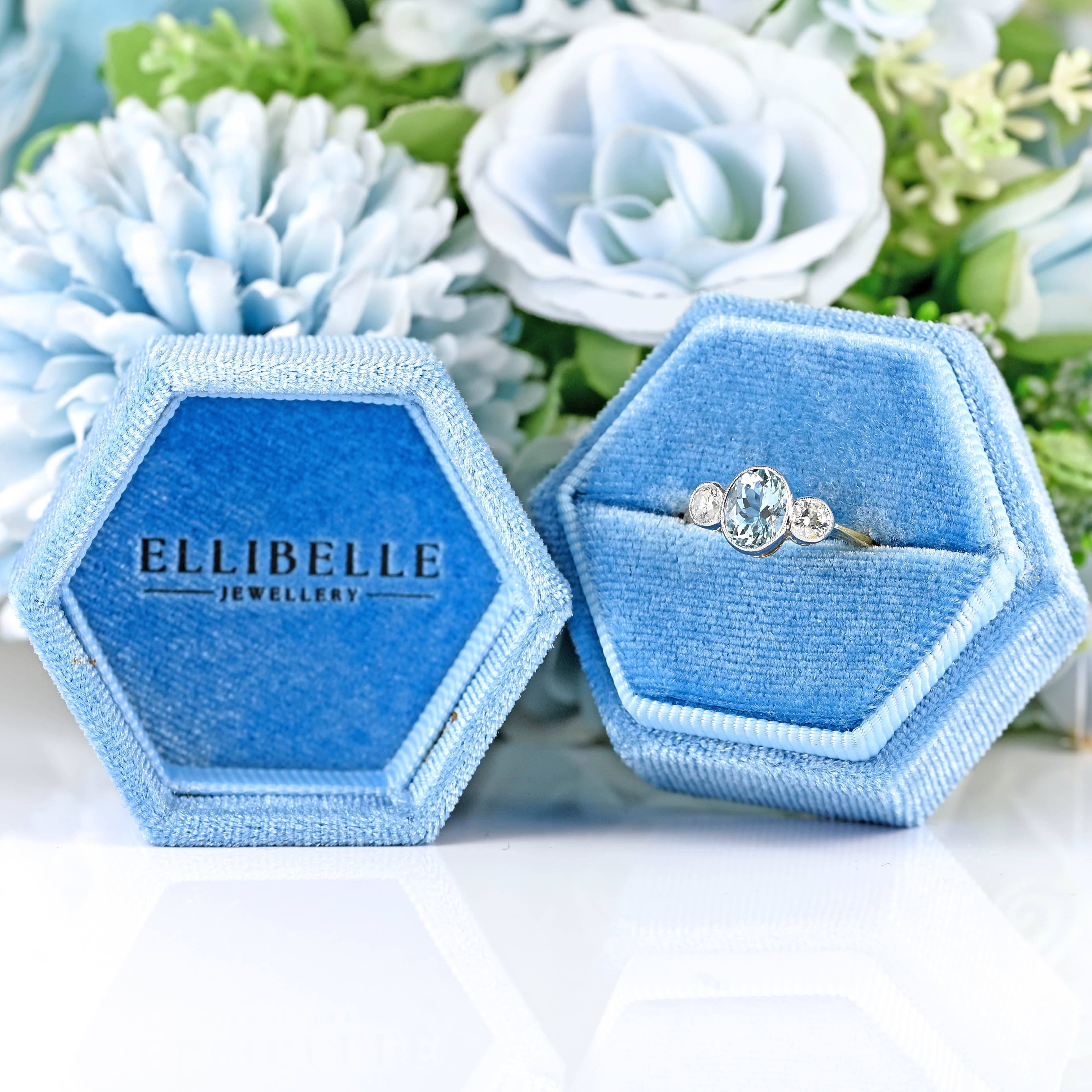 Ellibelle Jewellery Aquamarine & Diamond 18ct Gold Bezel-Set Three-Stone Ring