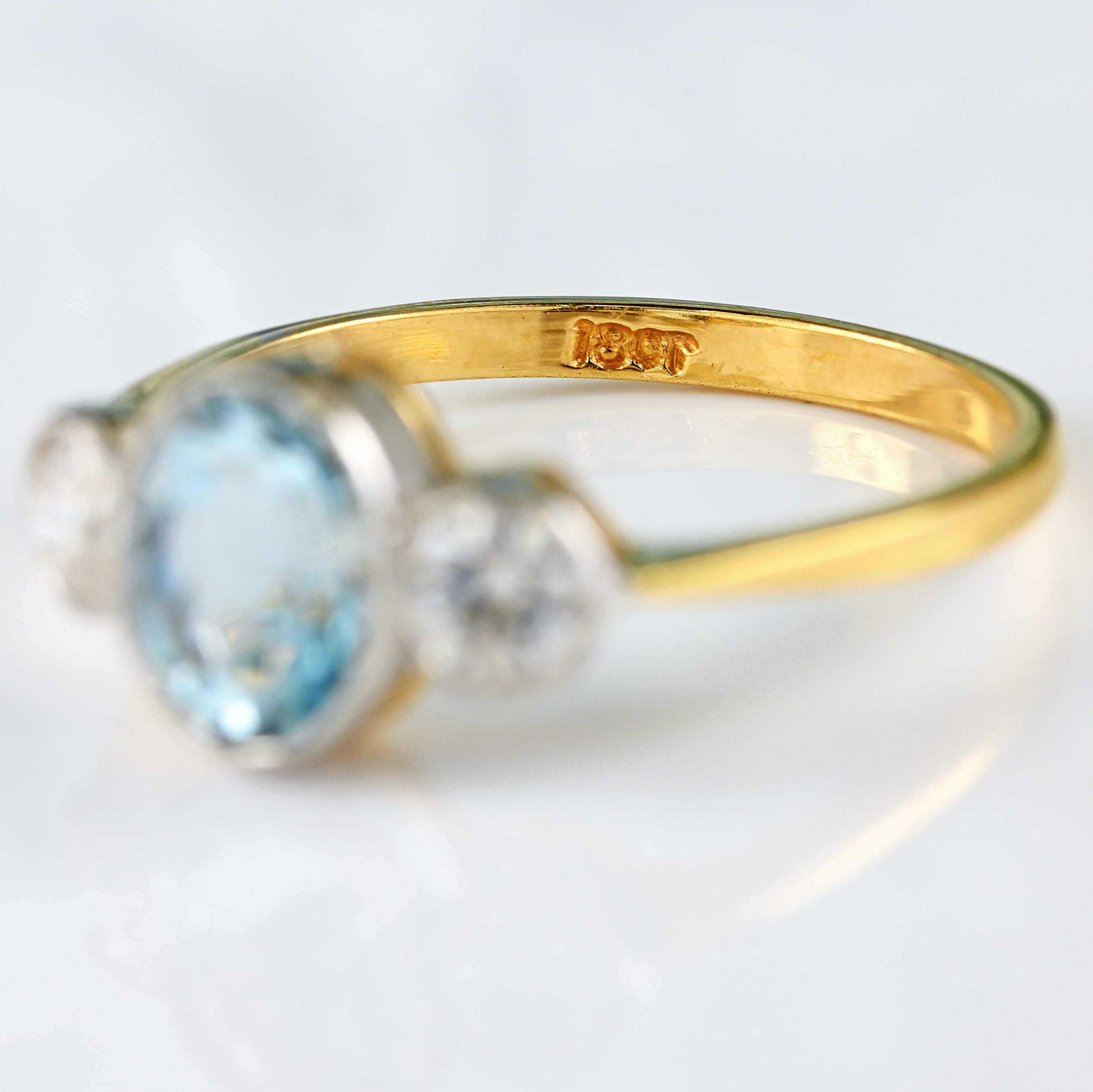 Ellibelle Jewellery Aquamarine & Diamond 18ct Gold Bezel-Set Three-Stone Ring