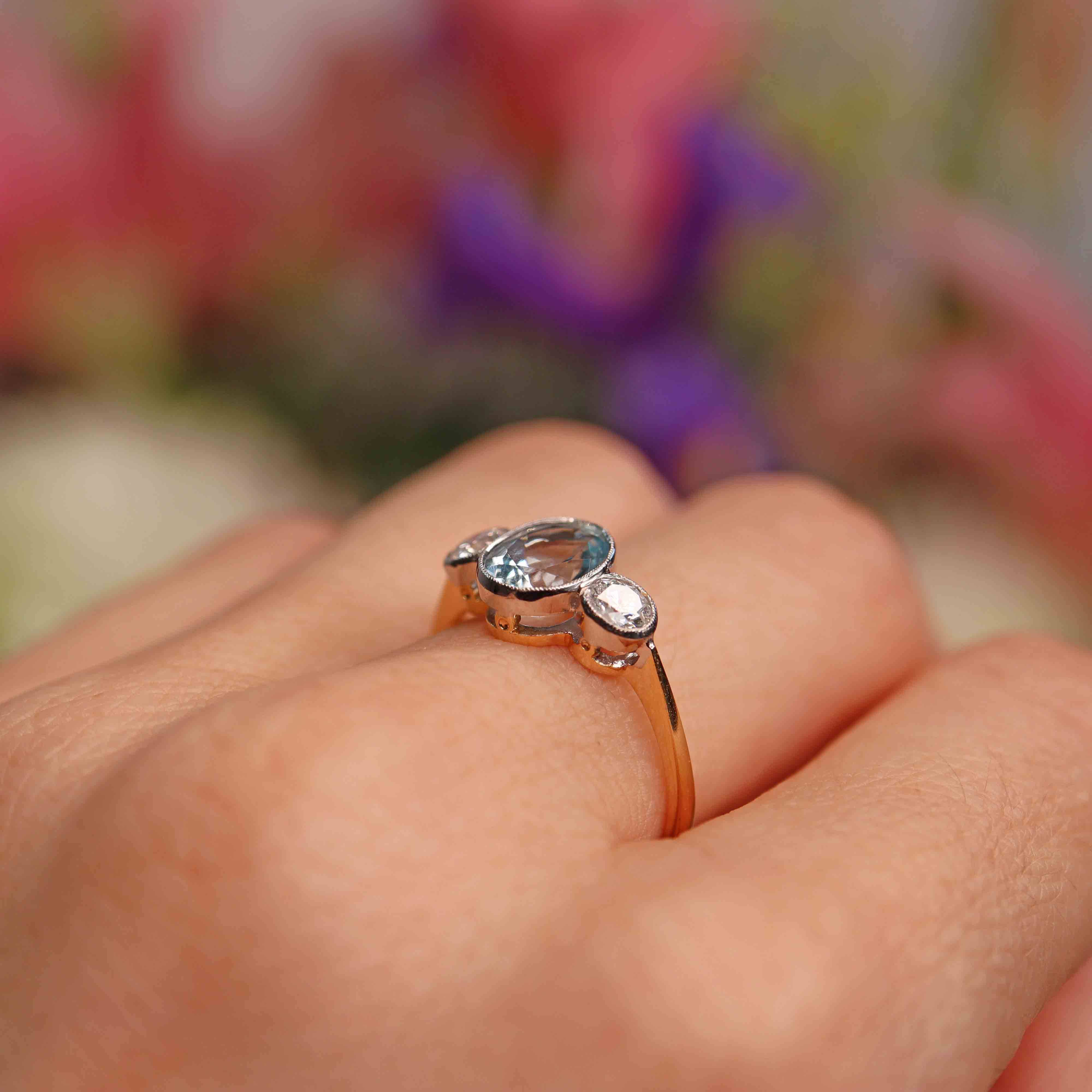 Ellibelle Jewellery Aquamarine & Diamond 18ct Gold Bezel-Set Three-Stone Ring
