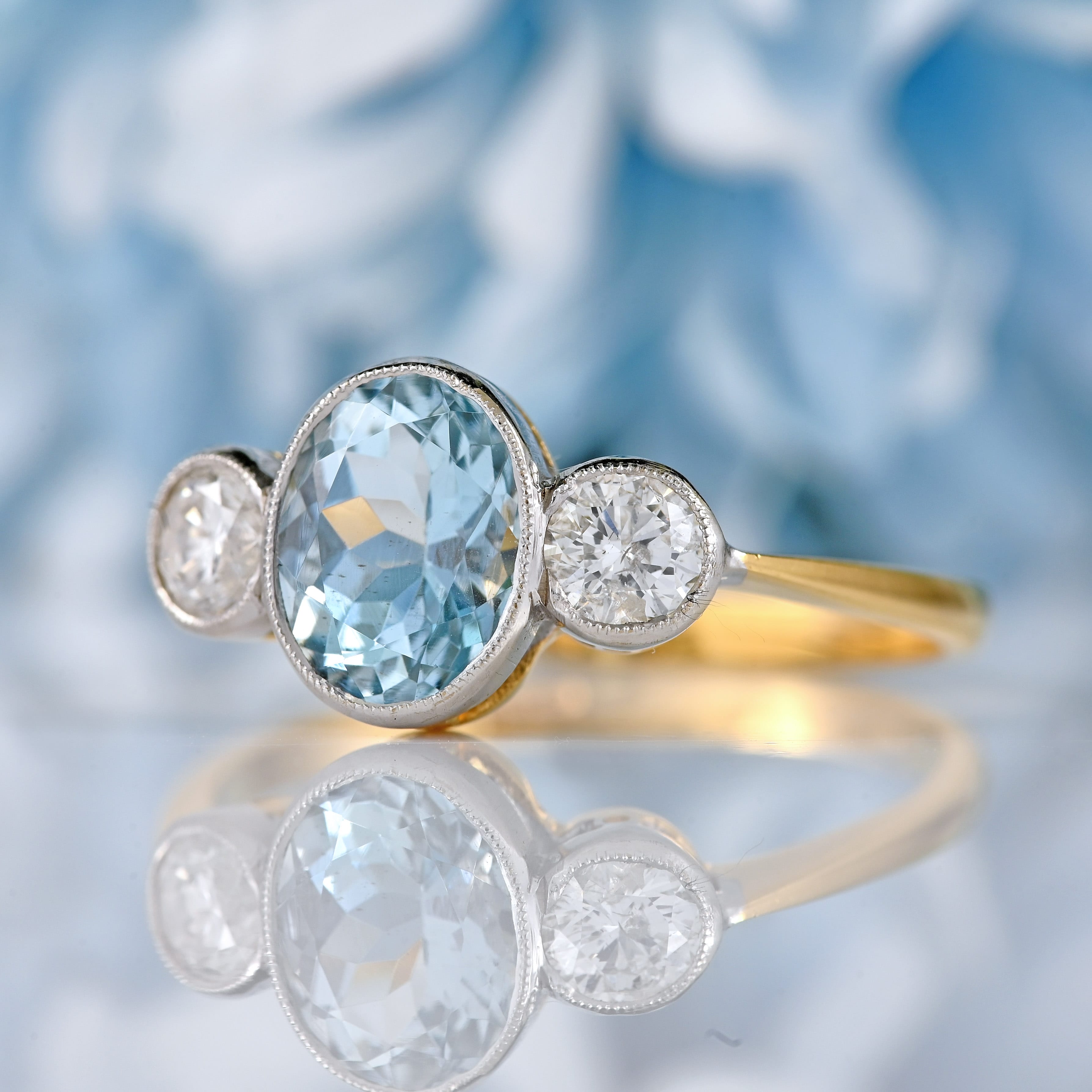 Ellibelle Jewellery Aquamarine & Diamond 18ct Gold Bezel-Set Three-Stone Ring