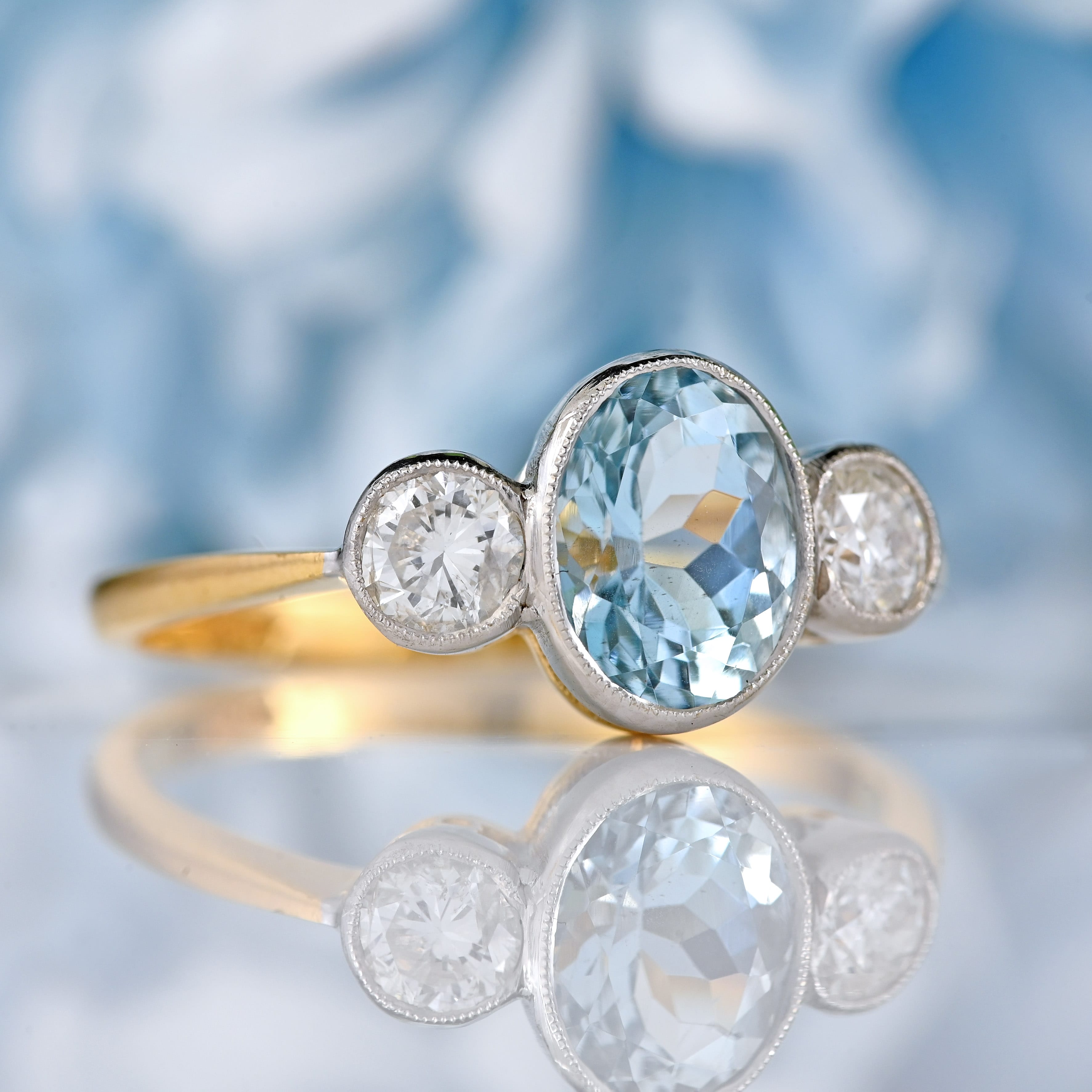 Ellibelle Jewellery Aquamarine & Diamond 18ct Gold Bezel-Set Three-Stone Ring