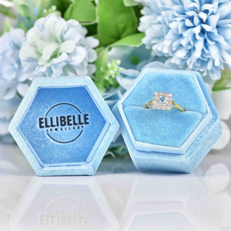 Ellibelle Jewellery Aquamarine & Diamond 18ct Gold Square Cluster Ring