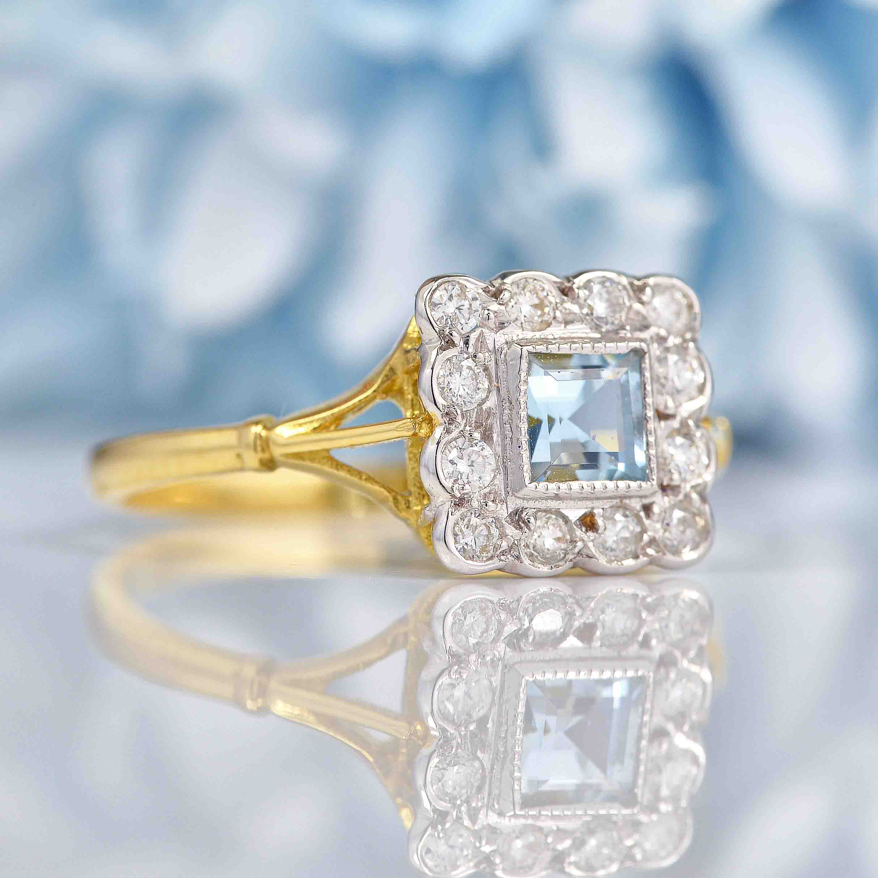 Ellibelle Jewellery Aquamarine & Diamond 18ct Gold Square Cluster Ring