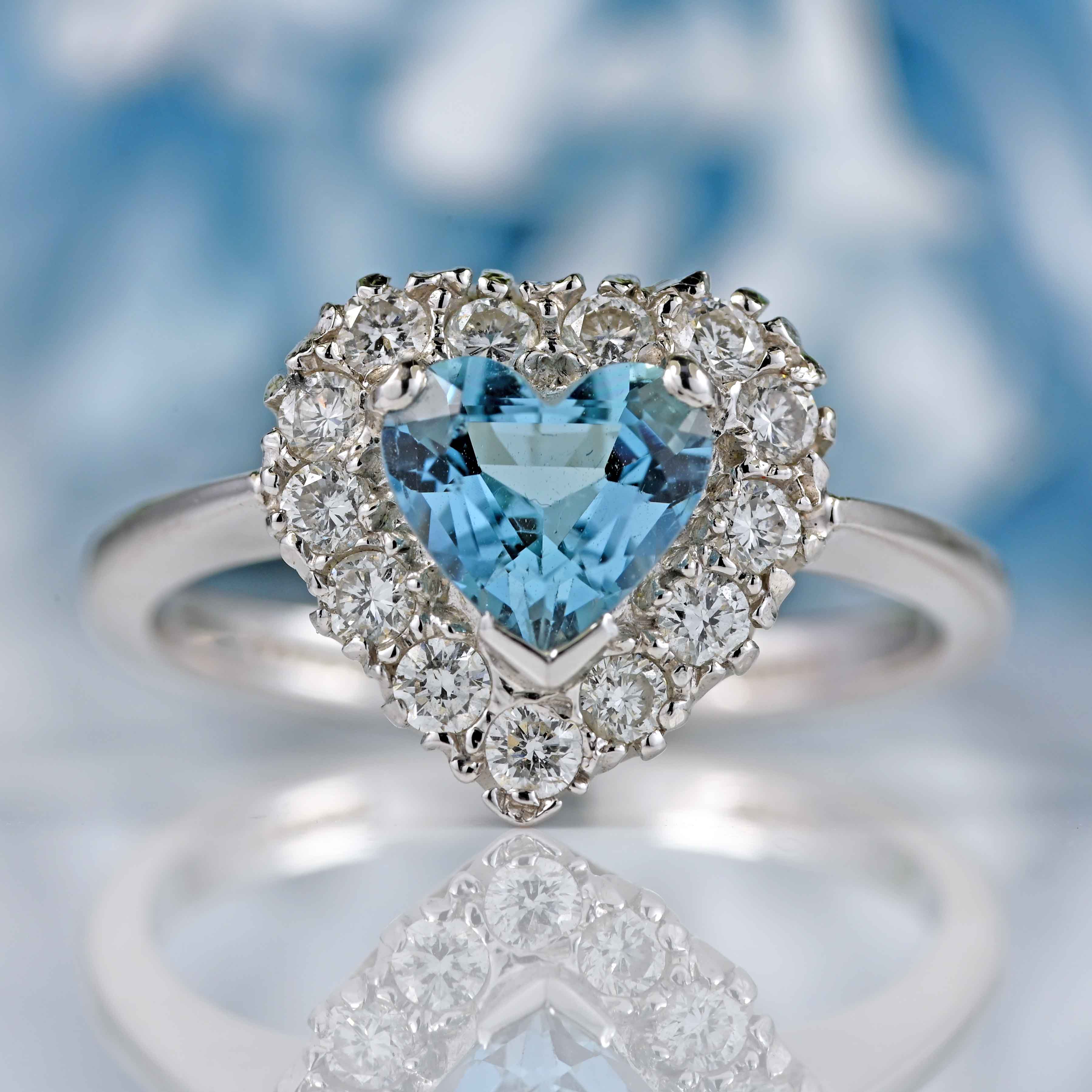 Ellibelle Jewellery Aquamarine & Diamond 18ct White Gold Heart-Shaped Cluster Ring