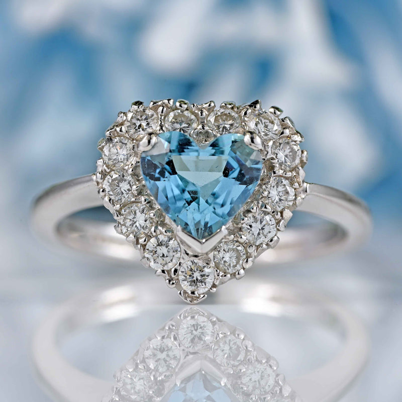 Aquamarine Diamond 18ct White Gold Heart-Shaped Cluster Ring
